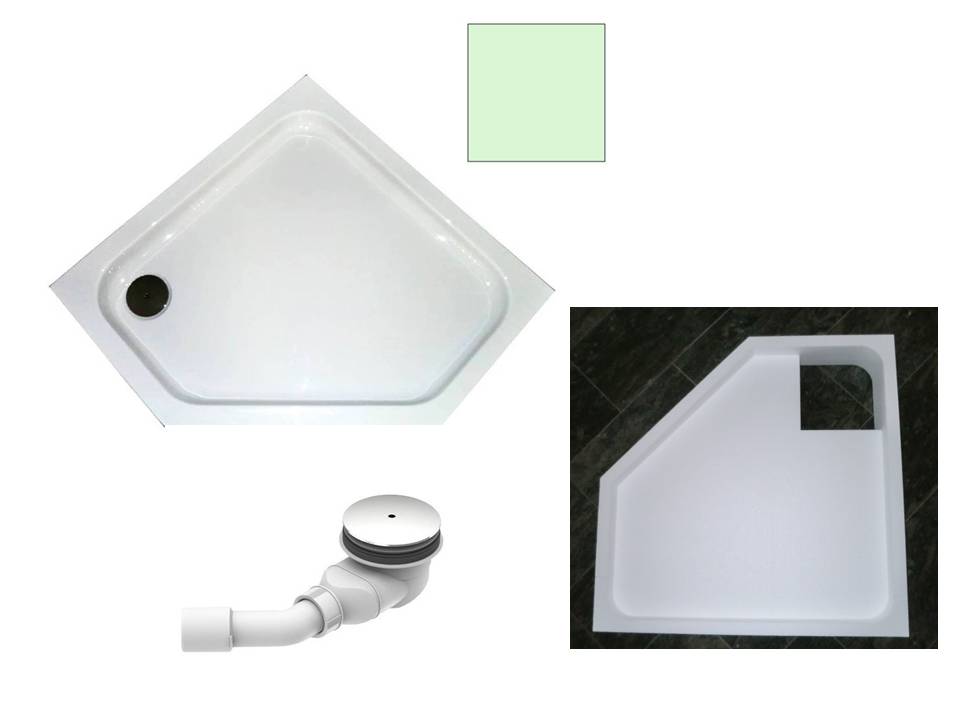 KOMPLETT-PAKET: Duschwanne 90 x 90 cm Fünfeck, Farbe: ÄGÄIS superflach 2,5 cm Acryl + Styroporträger/Wannenträger + Ablaufgarnitur chrom DN 90