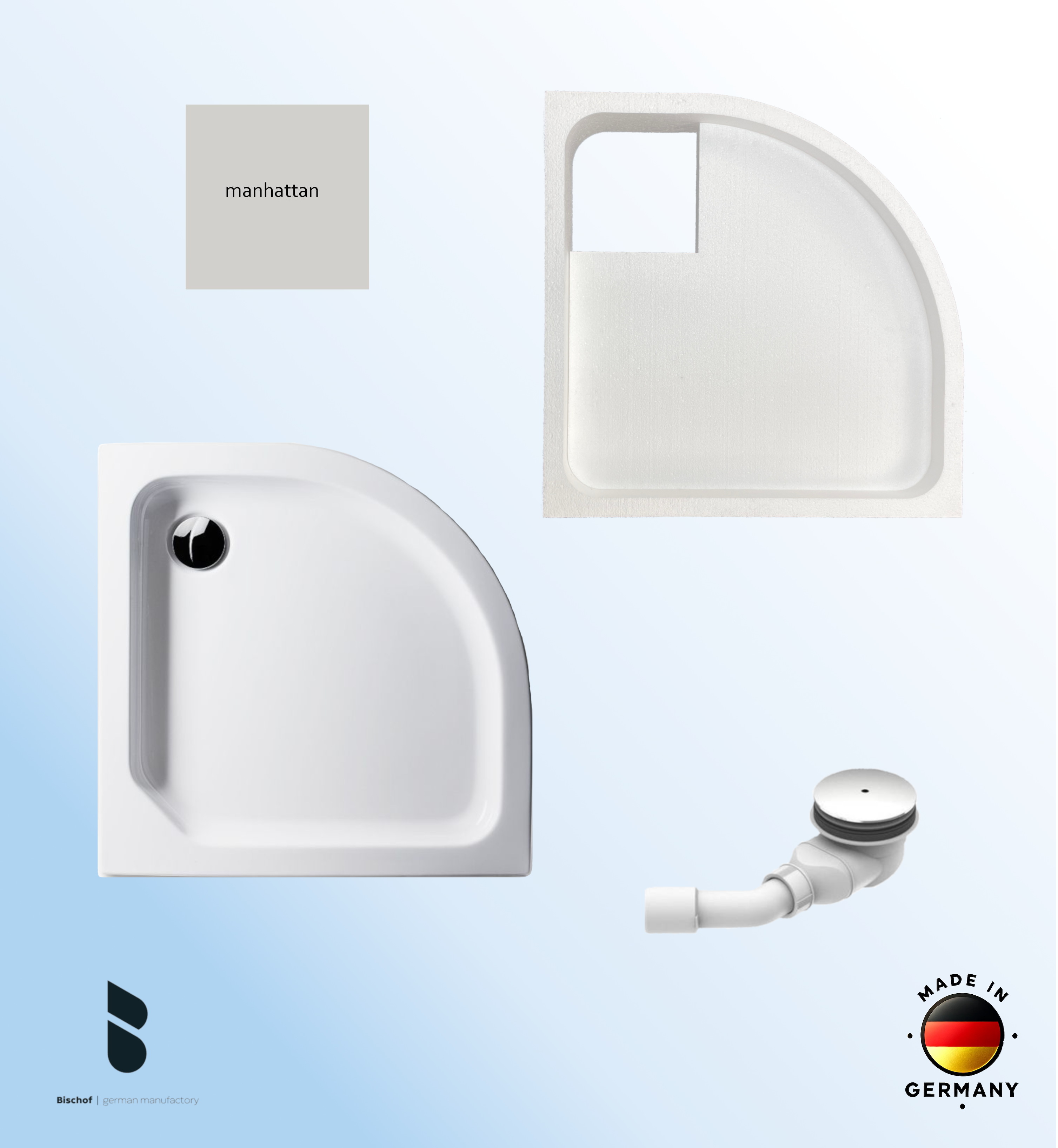 KOMPLETT-PAKET: Duschwanne 90 x 90 cm Viertelkreis Radius 55, Farbe: MANHATTAN flach 6,5 cm Acryl + Styroporträger/Wannenträger + Ablaufgarnitur chrom DN 90