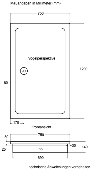 KOMPLETT-PAKET: Duschwanne 120 x 75 cm superflach 3,5 cm weiß mit GERADER STYROPOR-UNTERSEITE Acryl + Styroporträger/Wannenträger + Ablaufgarnitur chrom DN 90  