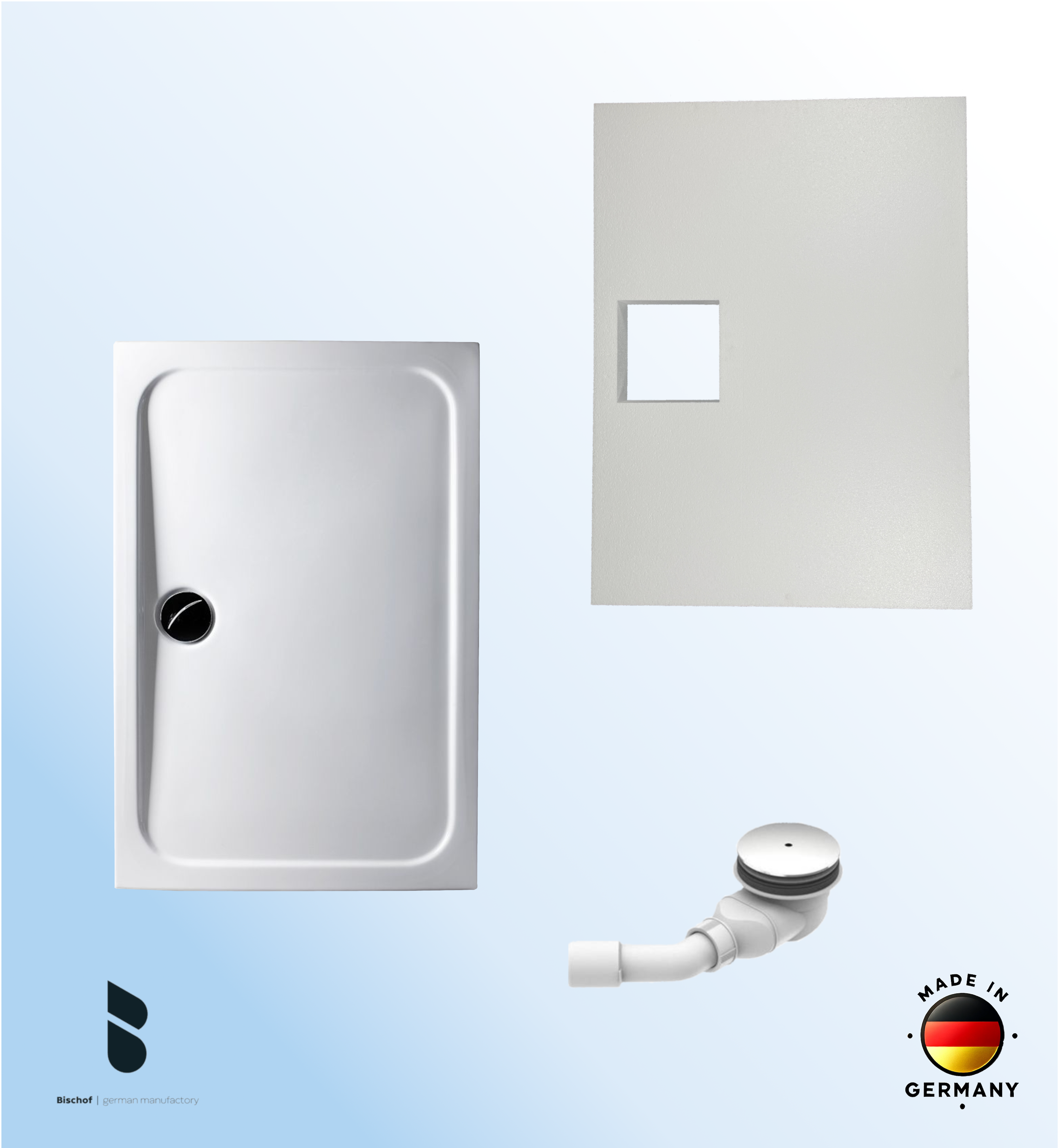 KOMPLETT-PAKET: Duschwanne 120 x 75 cm superflach 3,5 cm weiß mit GERADER STYROPOR-UNTERSEITE Acryl + Styroporträger/Wannenträger + Ablaufgarnitur chrom DN 90  