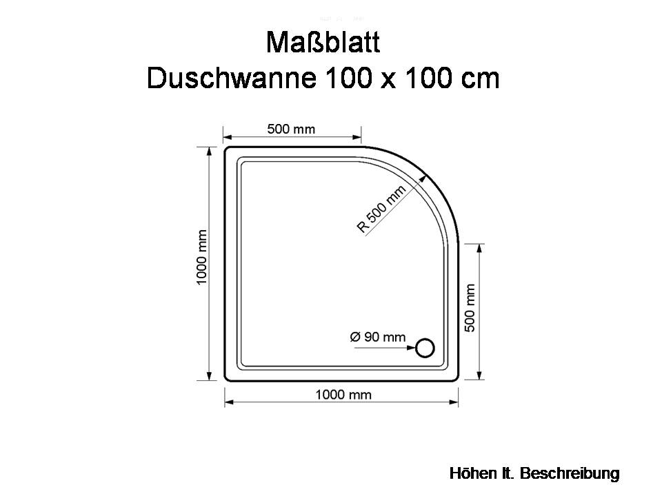 Duschwanne Kiel 100x100x6,5cm, Radius 50 manhattan