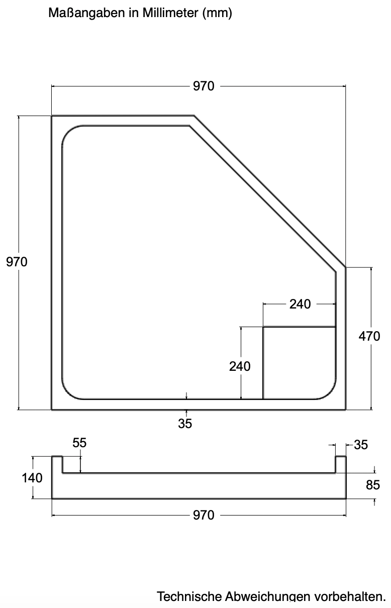 Träger Halle 100x100cm weiß, Höhe 14cm Fünfeck links