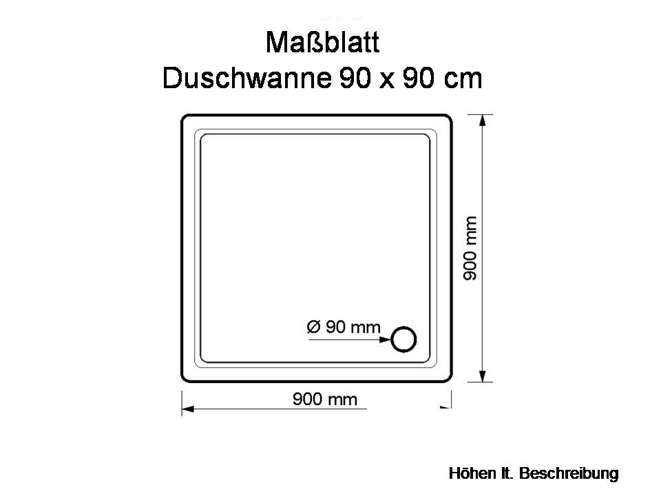 KOMPLETT-PAKET: Duschwanne 90 x 90 cm flach 6,5 cm weiß Acryl + Träger/Wannenträger + Ablaufgarnitur chrom DN 90
