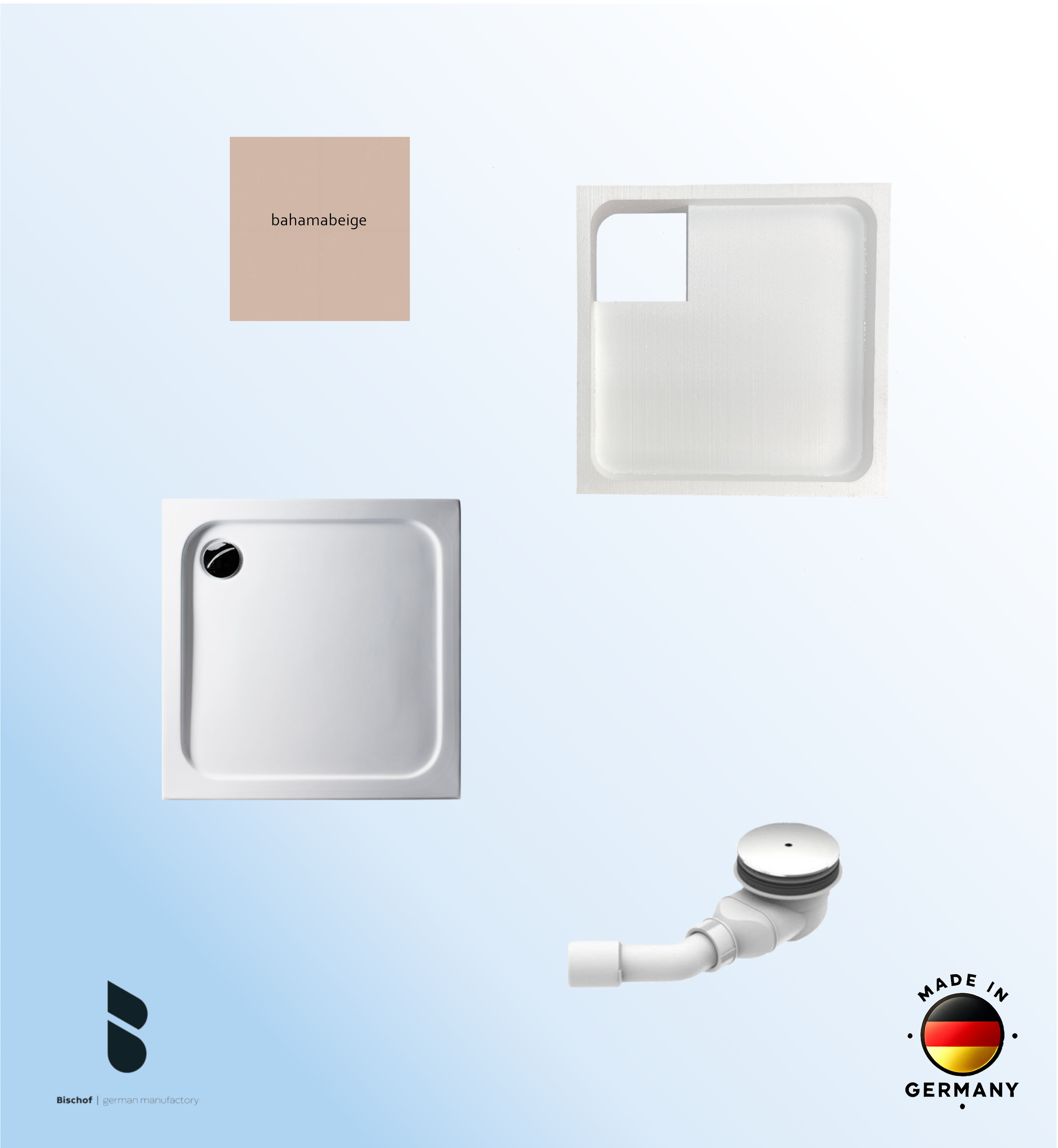 KOMPLETT-PAKET: Duschwanne 80 x 80 cm Farbe: BAHAMABEIGE superflach 2,5 cm Acryl + Styroporträger/Wannenträger + Ablaufgarnitur chrom DN 90