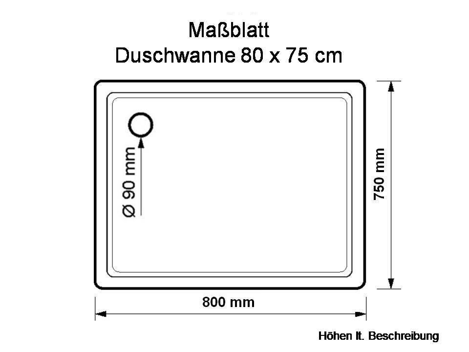 KOMPLETT-PAKET: Duschwanne 80 x 75 cm superflach 2,5 cm weiß Dusche mit GERADER UNTERSEITE Acryl + Styroporträger/Wannenträger + Ablaufgarnitur chrom DN 90 