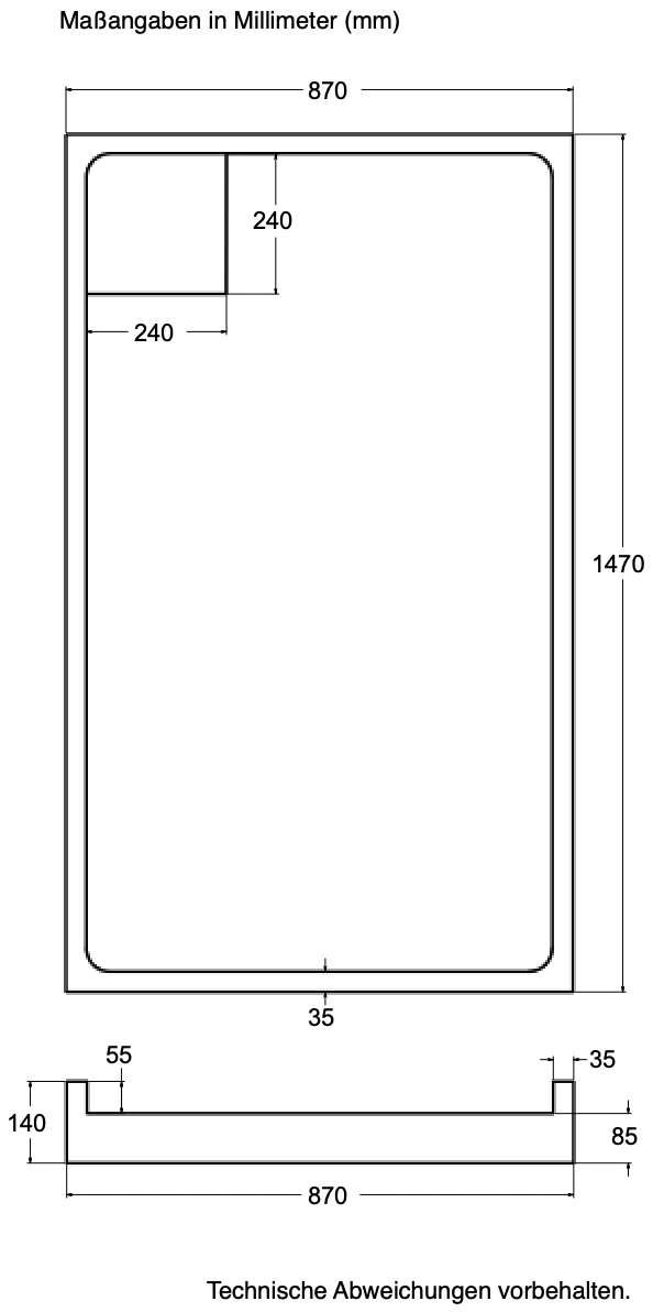 Träger Hamburg 150x90cm weiß, Höhe 14 cm links