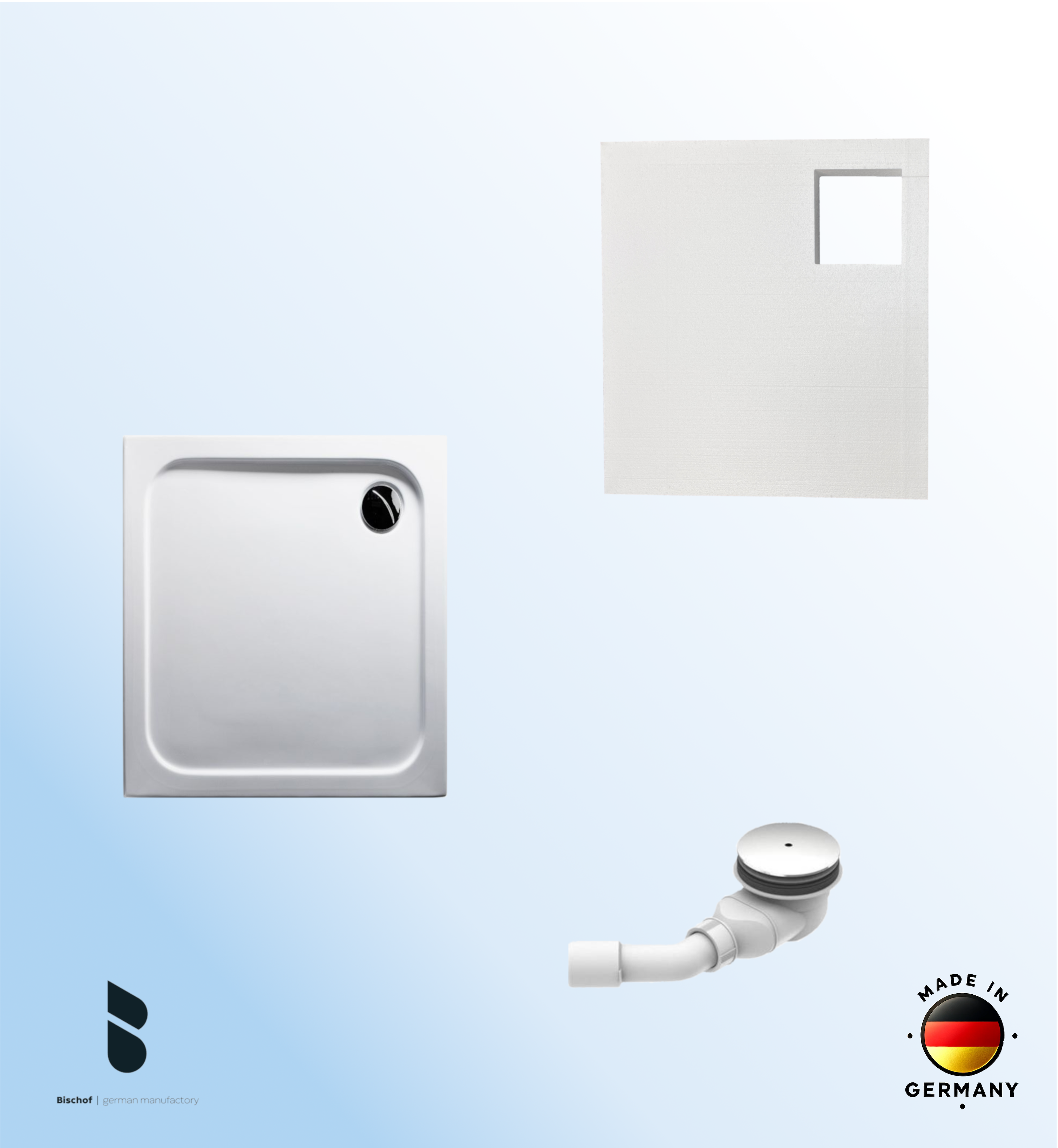 KOMPLETT-PAKET: Duschwanne 100 x 90 cm superflach 2,5 cm Dusche mit GERADER UNTERSEITE weiß Acryl + Styroporträger/Wannenträger + Ablaufgarnitur chrom DN 90