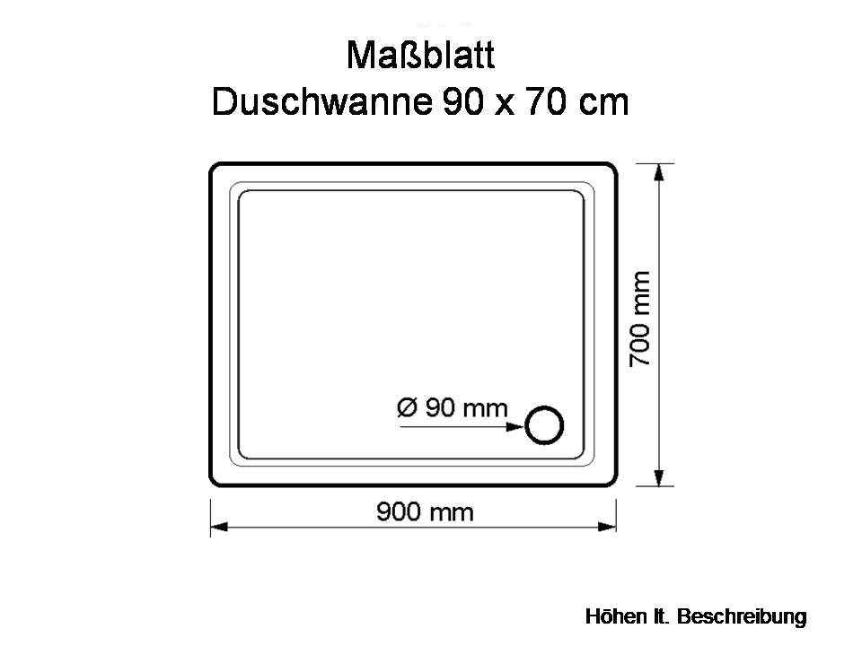 KOMPLETT-PAKET: Duschwanne 90 x 70 cm superflach 2,5 cm weiß Dusche mit GERADER UNTERSEITE Acryl + Styroporträger/Wannenträger + Ablaufgarnitur chrom DN 90
