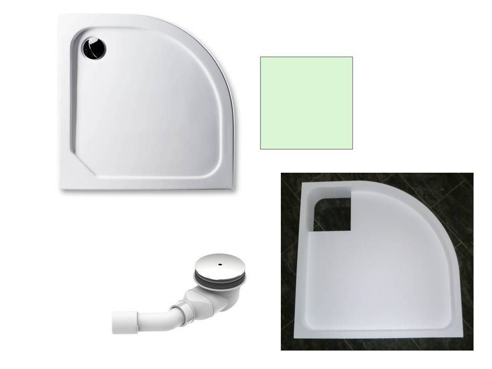 KOMPLETT-PAKET: Duschwanne 90 x 90 cm Viertelkreis Radius 55, Farbe: ÄGÄIS superflach 2,5 cm Acryl + Styroporträger/Wannenträger + Ablaufgarnitur chrom DN 90