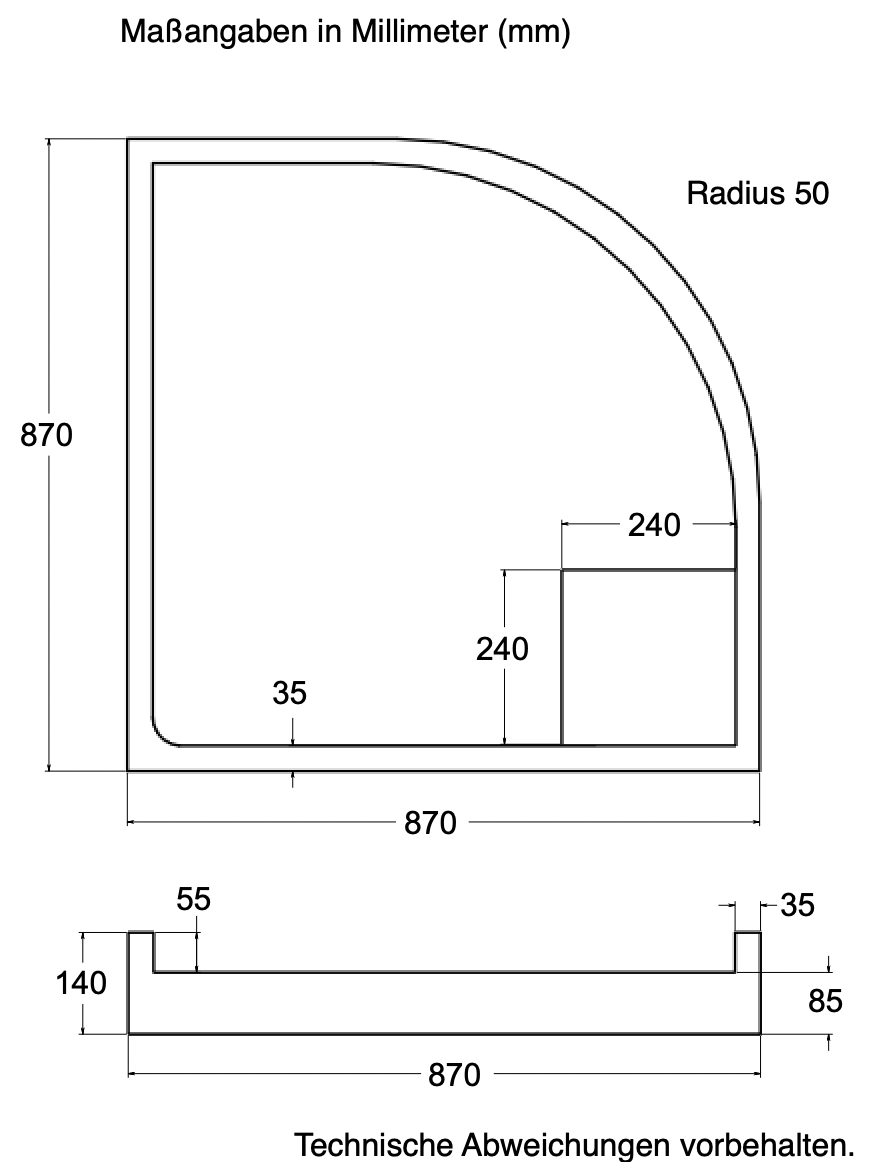 Träger 90x90cm, viertelkreis, weiß, Höhe 14cm links R50