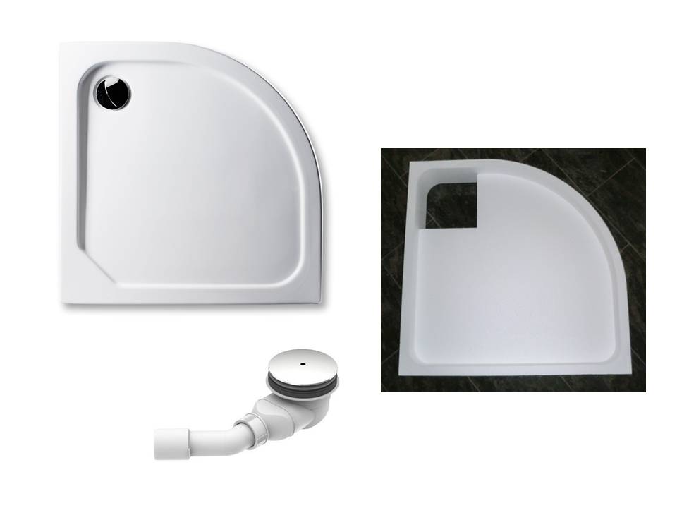 KOMPLETT-PAKET: Duschwanne 90 x 90 cm Viertelkreis Radius 55, superflach 2,5 cm weiß Acryl + Styroporträger/Wannenträger + Ablaufgarnitur chrom DN 90 