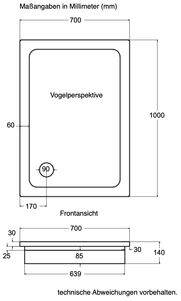 KOMPLETT-PAKET: Duschwanne 100 x 70 cm superflach 2,5 cm weiß Dusche mit GERADER UNTERSEITE Acryl + Styroporträger/Wannenträger + Ablaufgarnitur chrom DN 90 