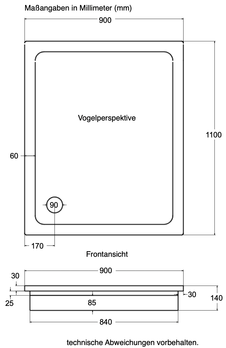KOMPLETT-PAKET: Duschwanne 110 x 90 cm superflach 2,5 cm weiß Dusche mit GERADER UNTERSEITE Acryl + Styroporträger/Wannenträger + Ablaufgarnitur chrom DN 90