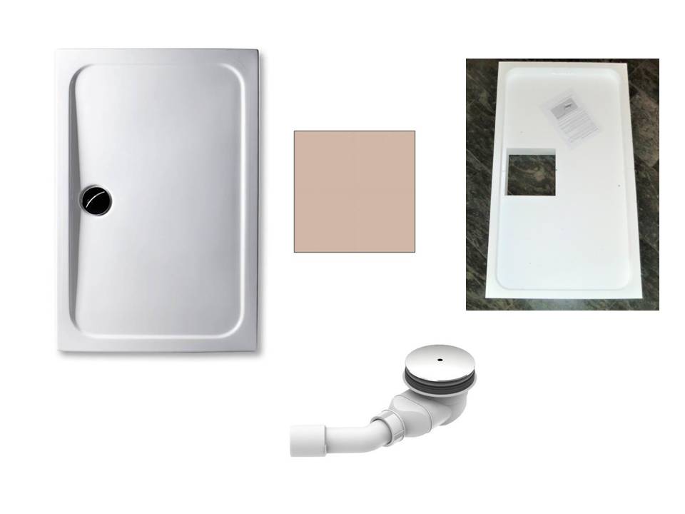 KOMPLETT-PAKET: Duschwanne 140 x 90 cm Farbe: BAHAMABEIGE superflach 2,5 cm Acryl + Styroporträger/Wannenträger + Ablaufgarnitur chrom DN 90