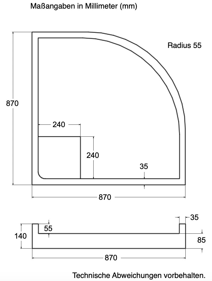 Träger 90x90cm, viertelkreis, weiß, Höhe 14cm hintere Ecke R55