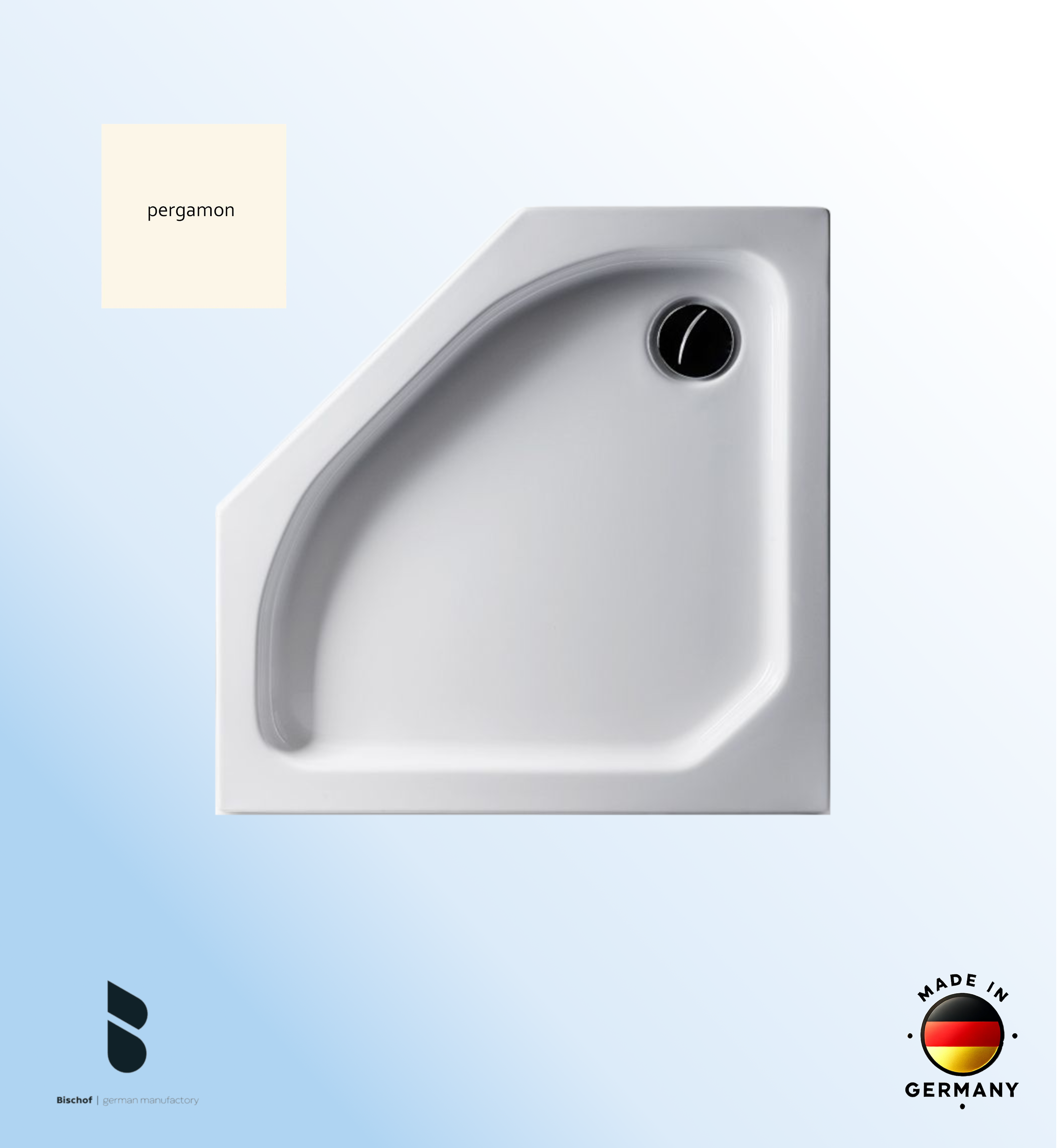 KOMPLETT-PAKET: Duschwanne 90 x 90 cm Fünfeck, Farbe: PERGAMON flach 6,5 cm Acryl + Styroporträger/Wannenträger + Ablaufgarnitur chrom DN 90