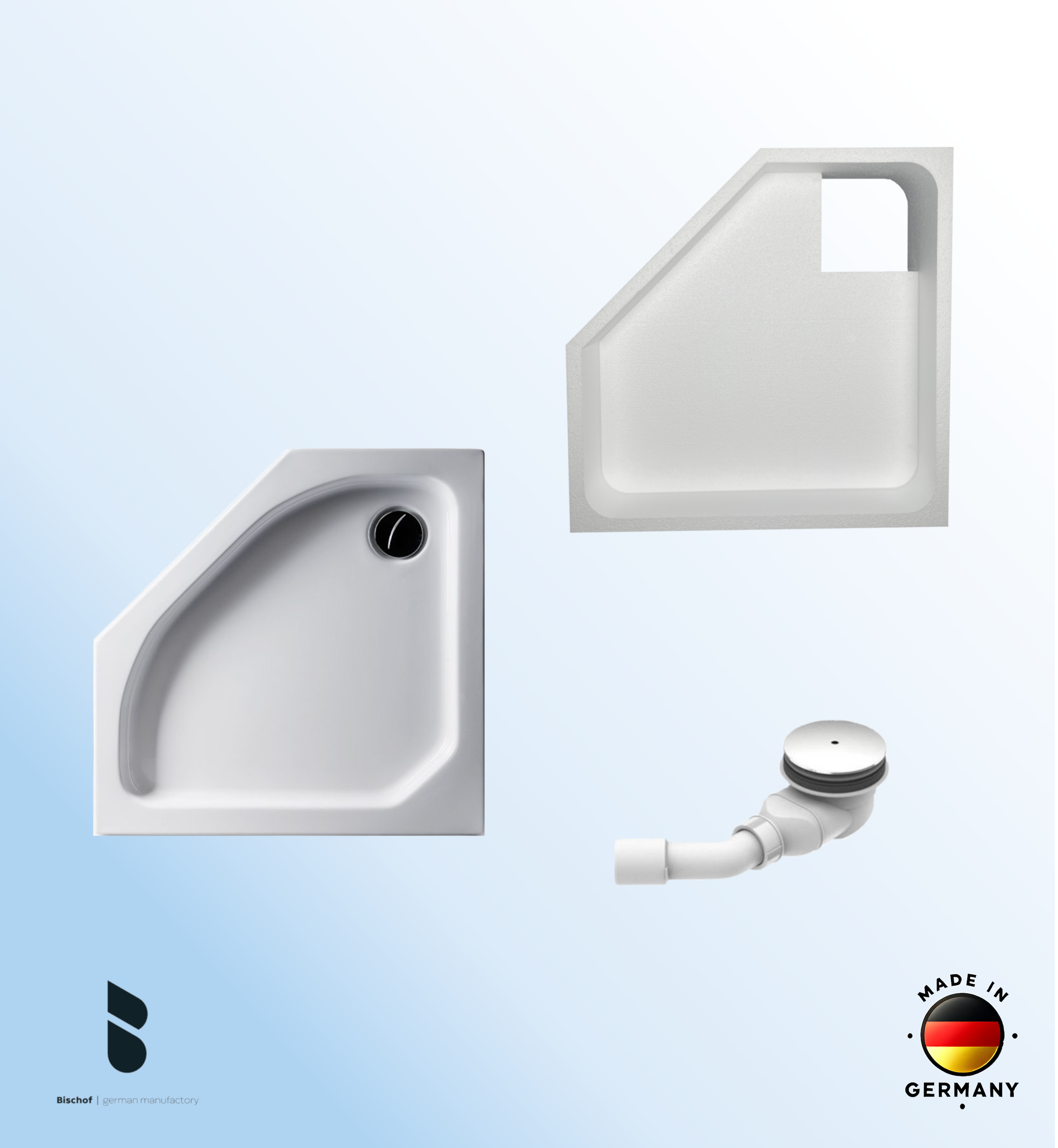 KOMPLETT-PAKET: Duschwanne 90 x 90 cm Fünfeck, flach 6,5 cm weiß Acryl + Styroporträger/Wannenträger + Ablaufgarnitur chrom DN 90