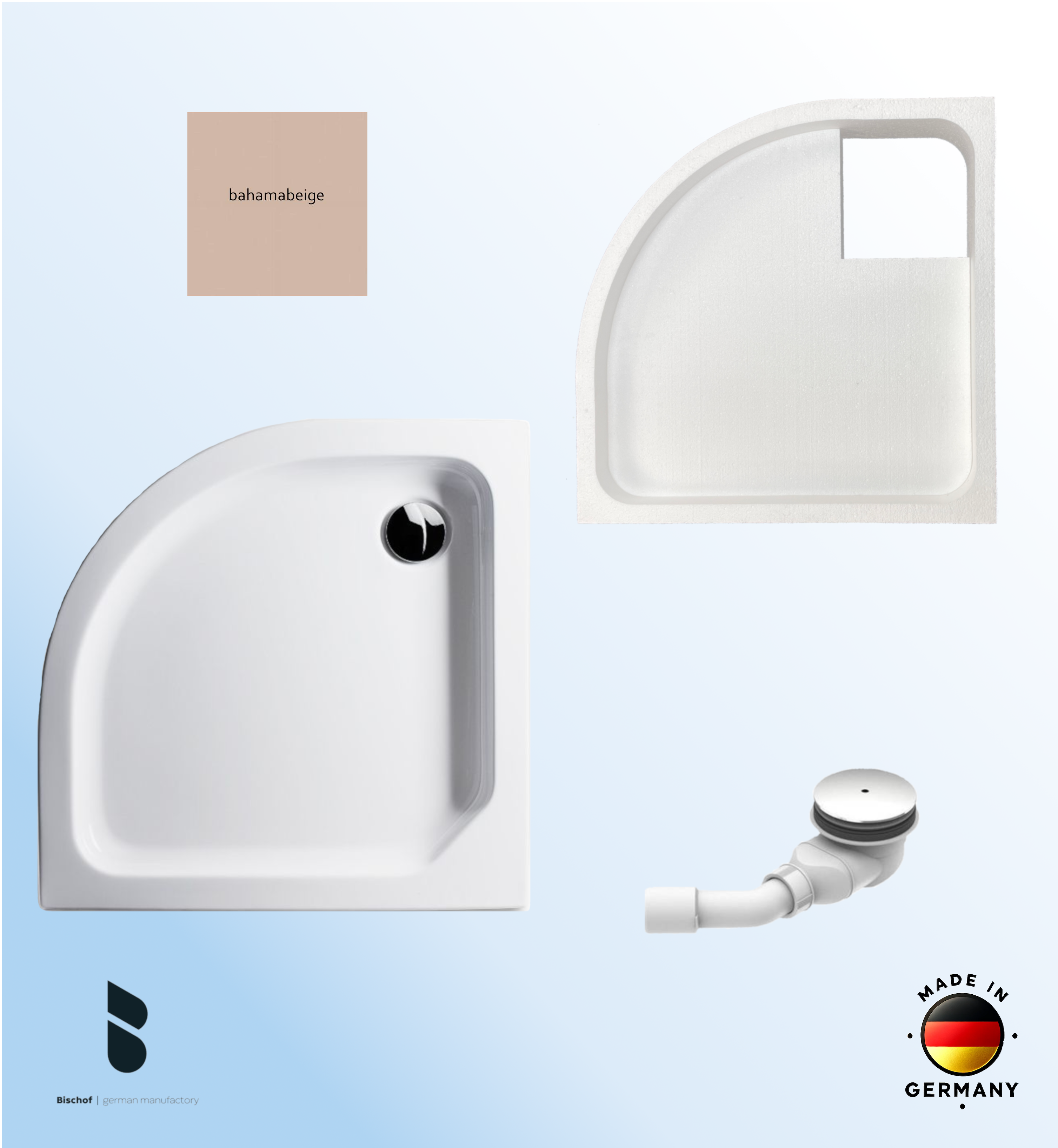 KOMPLETT-PAKET: Duschwanne 100 x 100 cm Viertelkreis Radius 50, Farbe: BAHAMABEIGE flach 6,5 cm Acryl + Styroporträger/Wannenträger + Ablaufgarnitur chrom DN 90