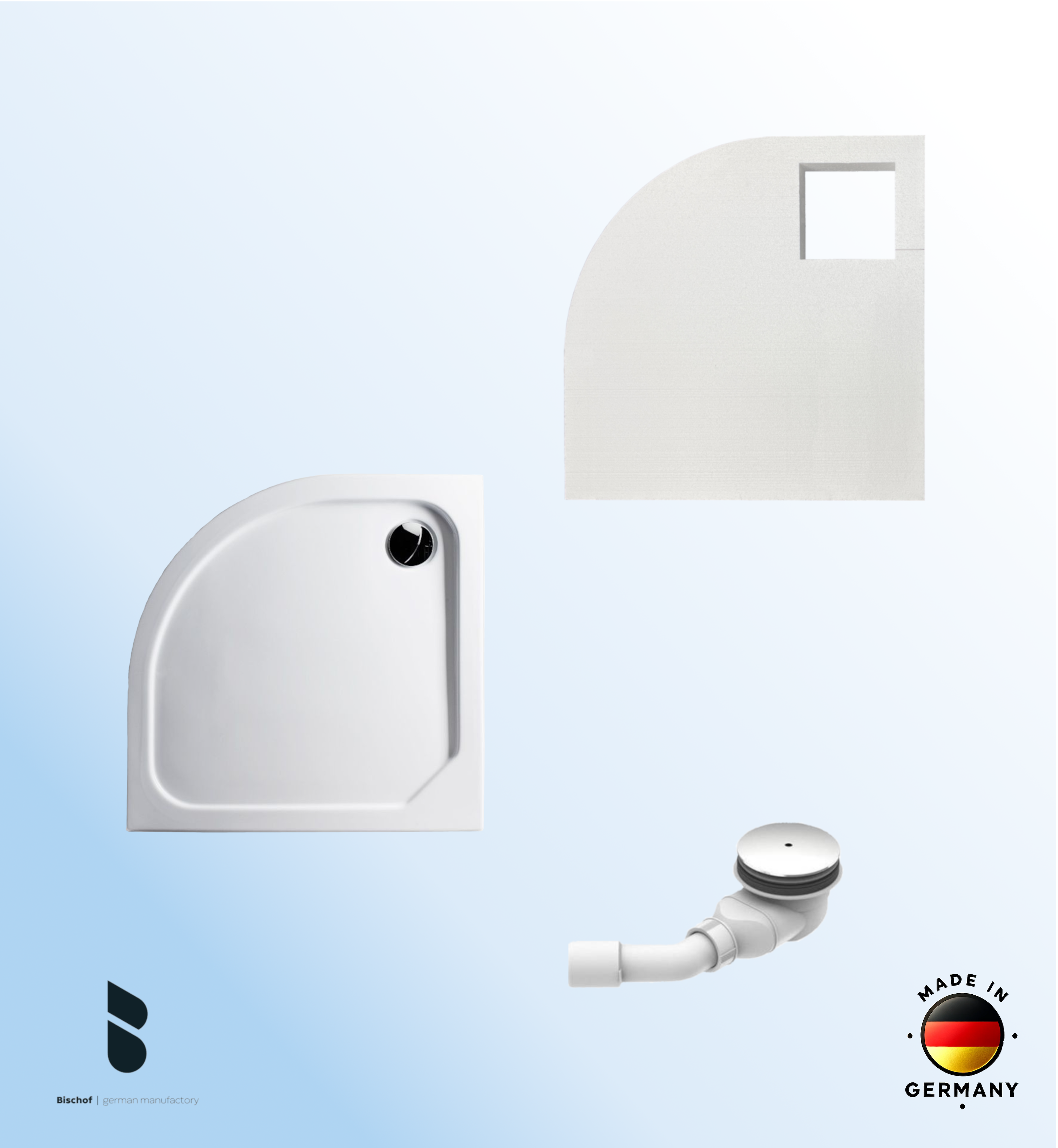 KOMPLETT-PAKET: Duschwanne 80 x 80 cm  Viertelkreis Radius 50, superflach 2,5 cm Dusche mit GERADER UNTERSEITE weiß Acryl + Styroporträger/Wannenträger + Ablaufgarnitur chrom DN 90