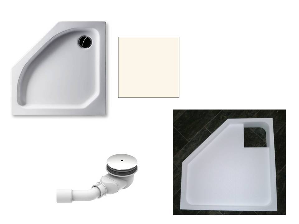 KOMPLETT-PAKET: Duschwanne 100 x 100 cm Fünfeck, Farbe: PERGAMON flach 6,5 cm Acryl + Styroporträger/Wannenträger + Ablaufgarnitur chrom DN 90