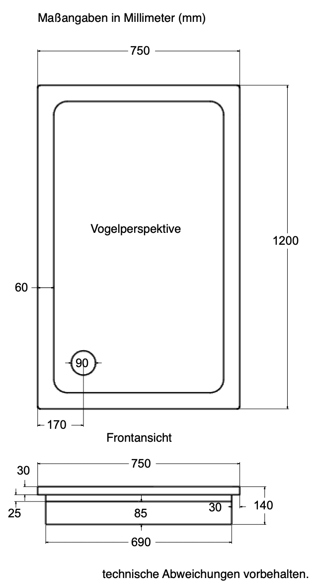 KOMPLETT-PAKET: Duschwanne 120 x 75 cm superflach 3,5 cm weiß mit GERADER STYROPOR-UNTERSEITE Acryl + Styroporträger/Wannenträger + Ablaufgarnitur chrom DN 90  