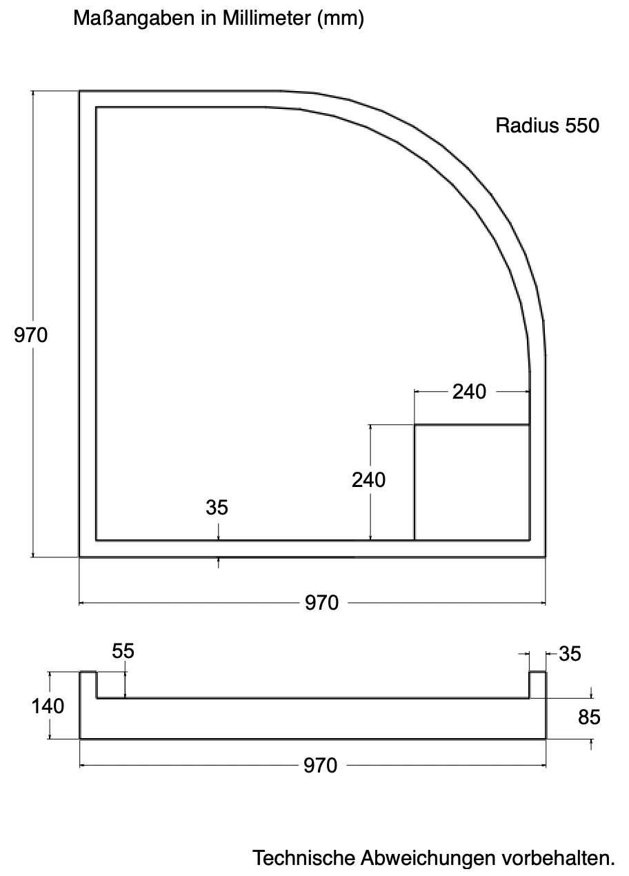 Träger 100x100cm, viertelkreis, weiß, Höhe 14cm links R55