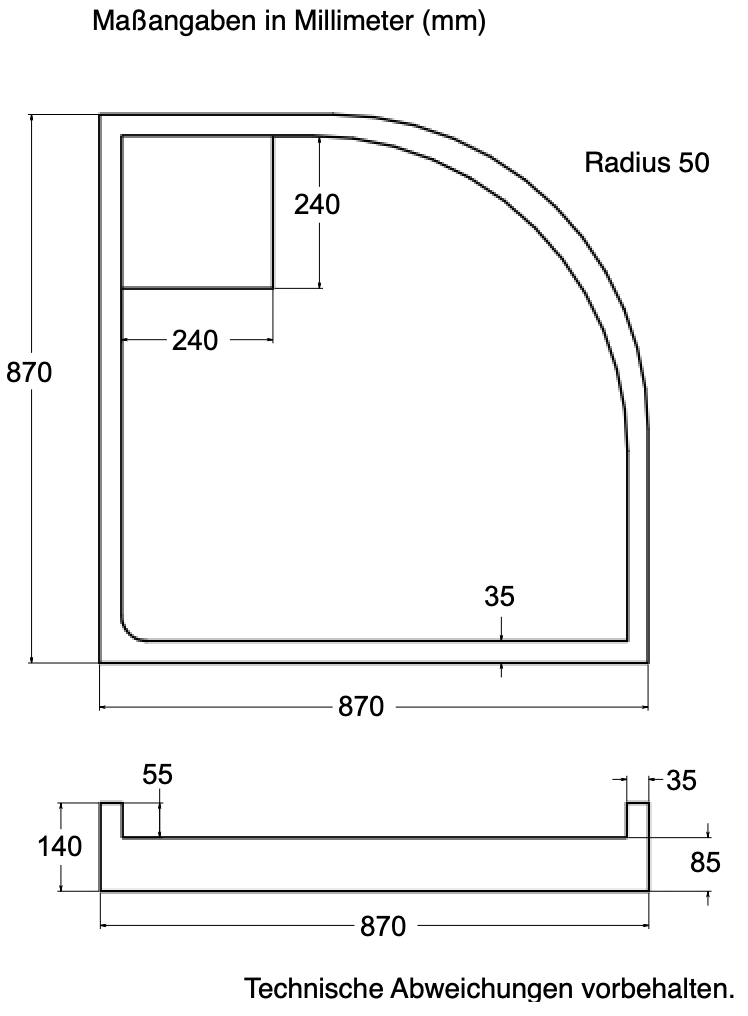 Träger 90x90cm, viertelkreis, weiß, Höhe 14cm rechts R50