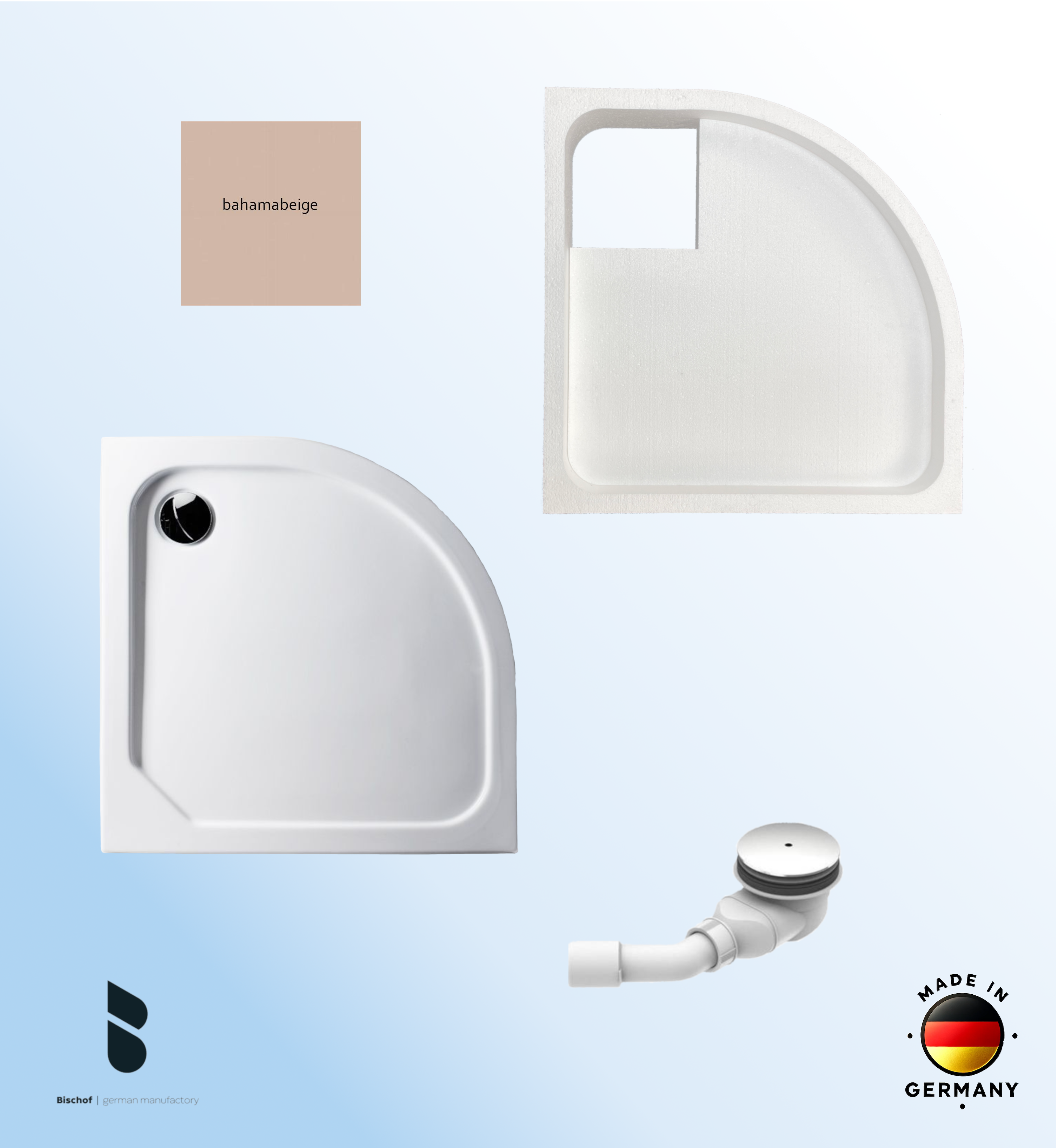 KOMPLETT-PAKET: Duschwanne 90 x 90 cm Viertelkreis Radius 55, Farbe: BAHAMABEIGE superflach 2,5 cm Acryl + Styroporträger/Wannenträger + Ablaufgarnitur chrom DN 90