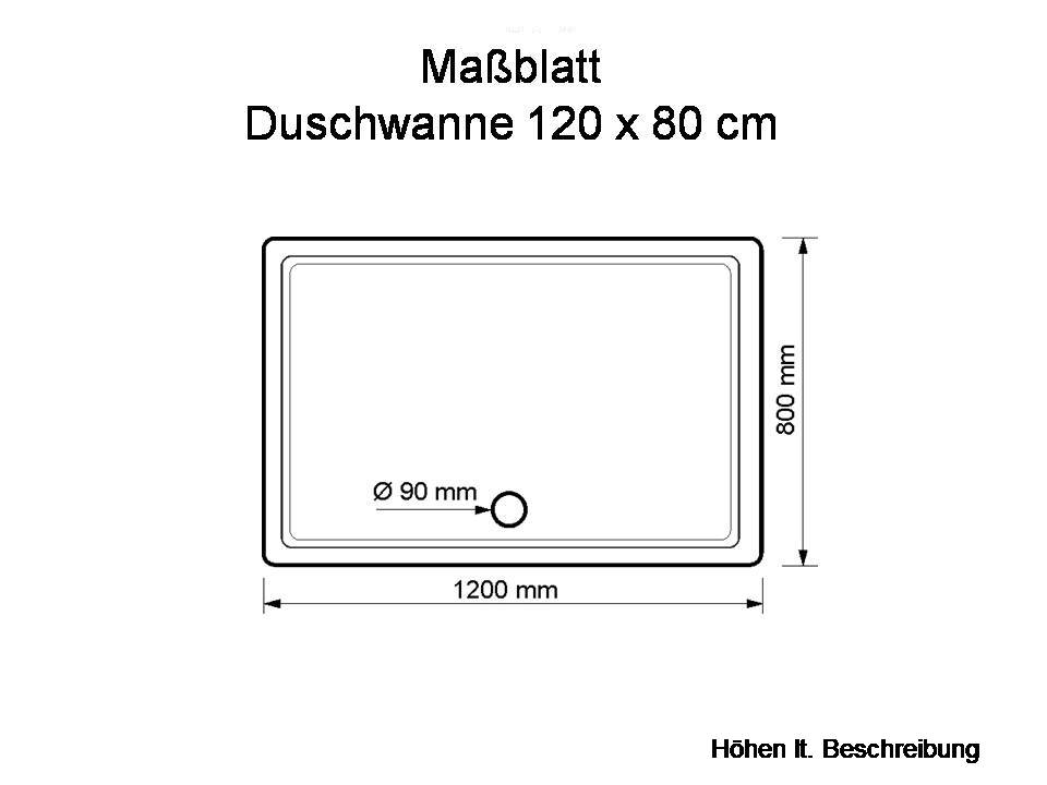 KOMPLETT-PAKET: Duschwanne 120 x 80 cm superflach 3,5 cm weiß mit GERADER STYROPOR-UNTERSEITE Acryl + Styroporträger/Wannenträger + Ablaufgarnitur chrom DN 90