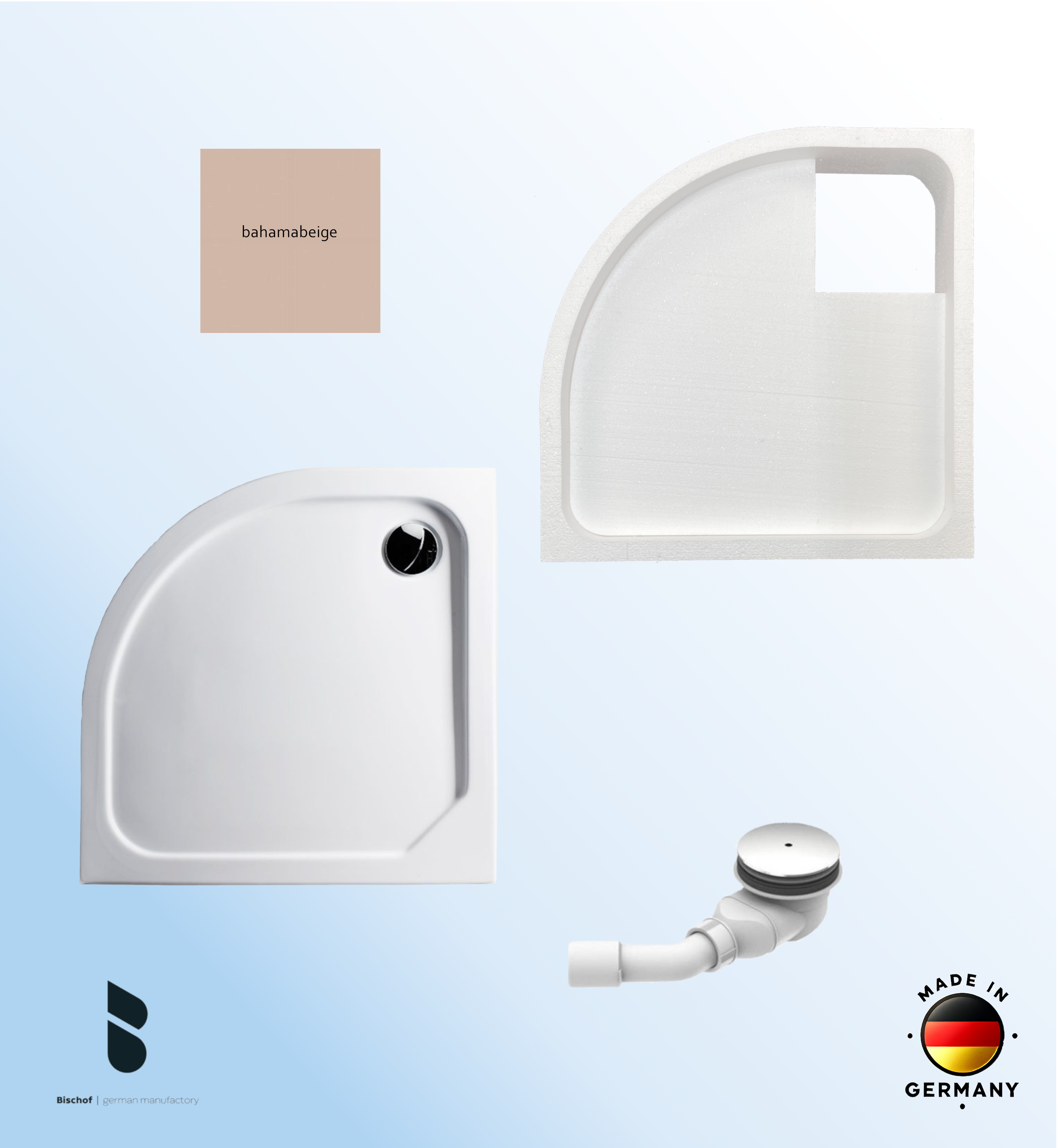 KOMPLETT-PAKET: Duschwanne 80 x 80 cm Viertelkreis Radius 50, Farbe: BAHAMABEIGE superflach 2,5 cm  Acryl + Styroporträger/Wannenträger + Ablaufgarnitur chrom DN 90
