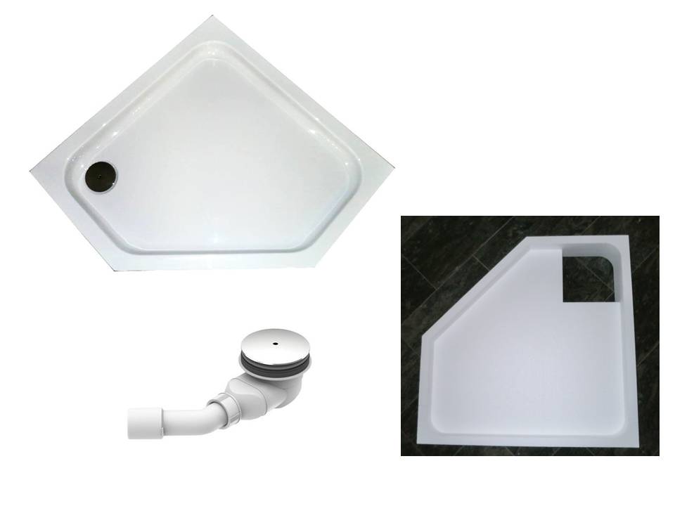 KOMPLETT-PAKET: Duschwanne 90 x 90 cm Fünfeck, superflach 2,5 cm weiß Acryl + Styroporträger/Wannenträger + Ablaufgarnitur chrom DN 90 