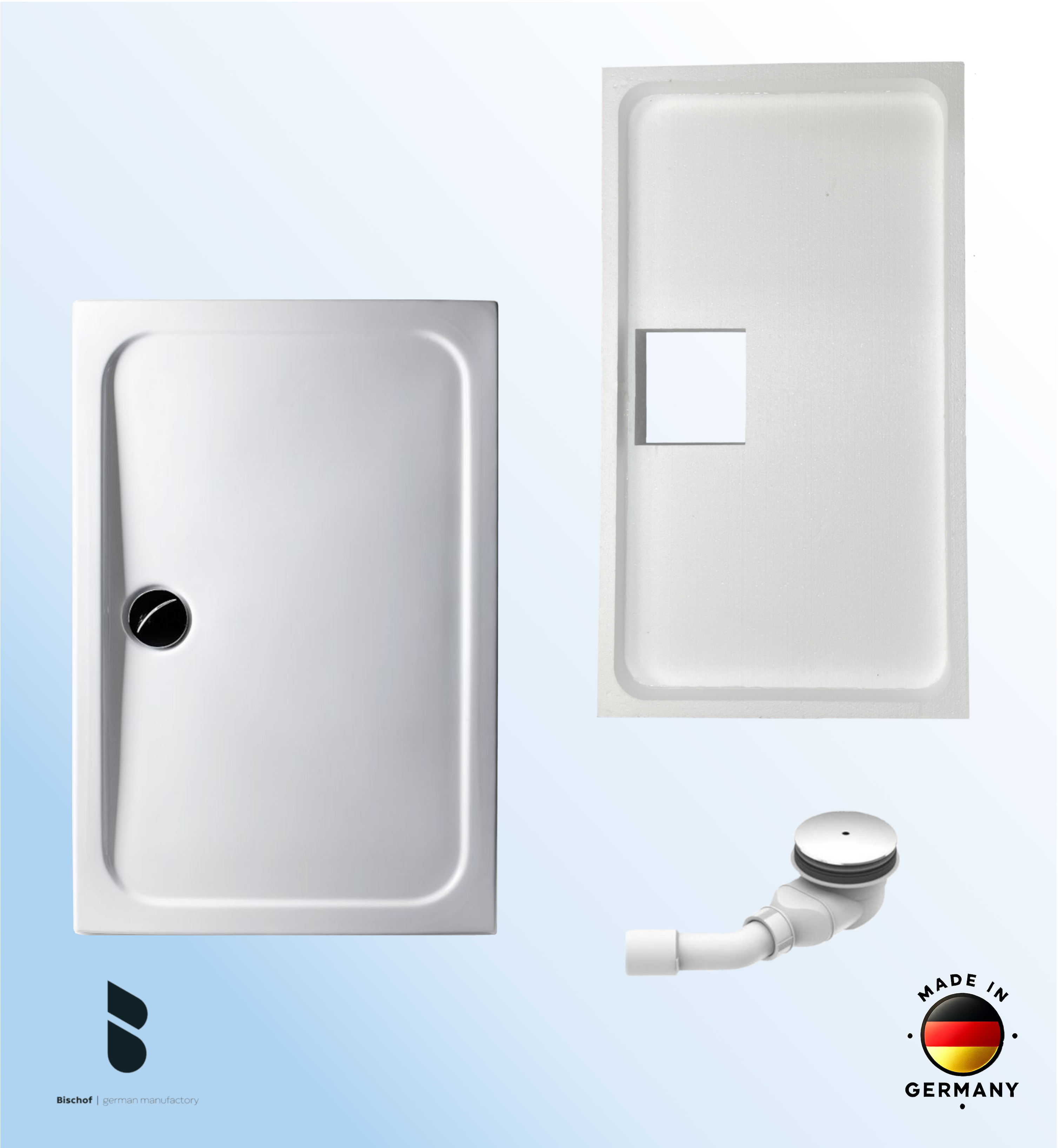 KOMPLETT-PAKET: Duschwanne 120 x 80 cm superflach 3,5 cm weiß Acryl + Styroporträger/Wannenträger + Ablaufgarnitur chrom DN 90