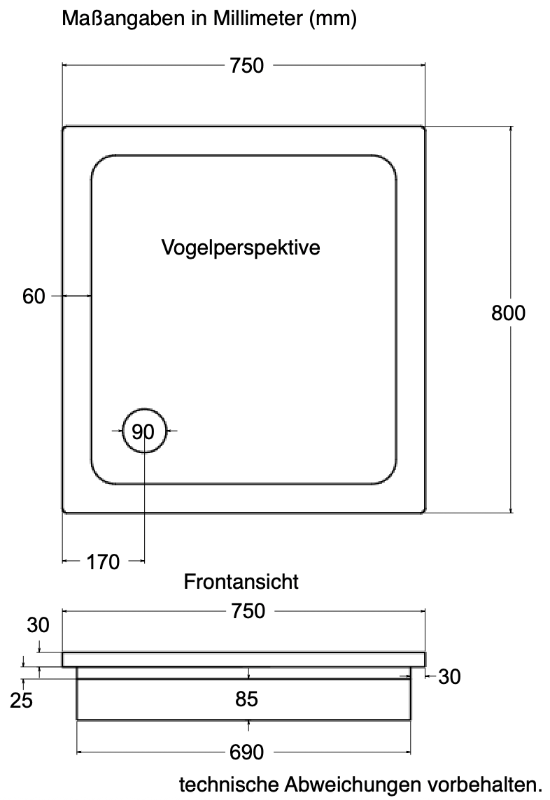 KOMPLETT-PAKET: Duschwanne 80 x 75 cm superflach 2,5 cm weiß Dusche mit GERADER UNTERSEITE Acryl + Styroporträger/Wannenträger + Ablaufgarnitur chrom DN 90 