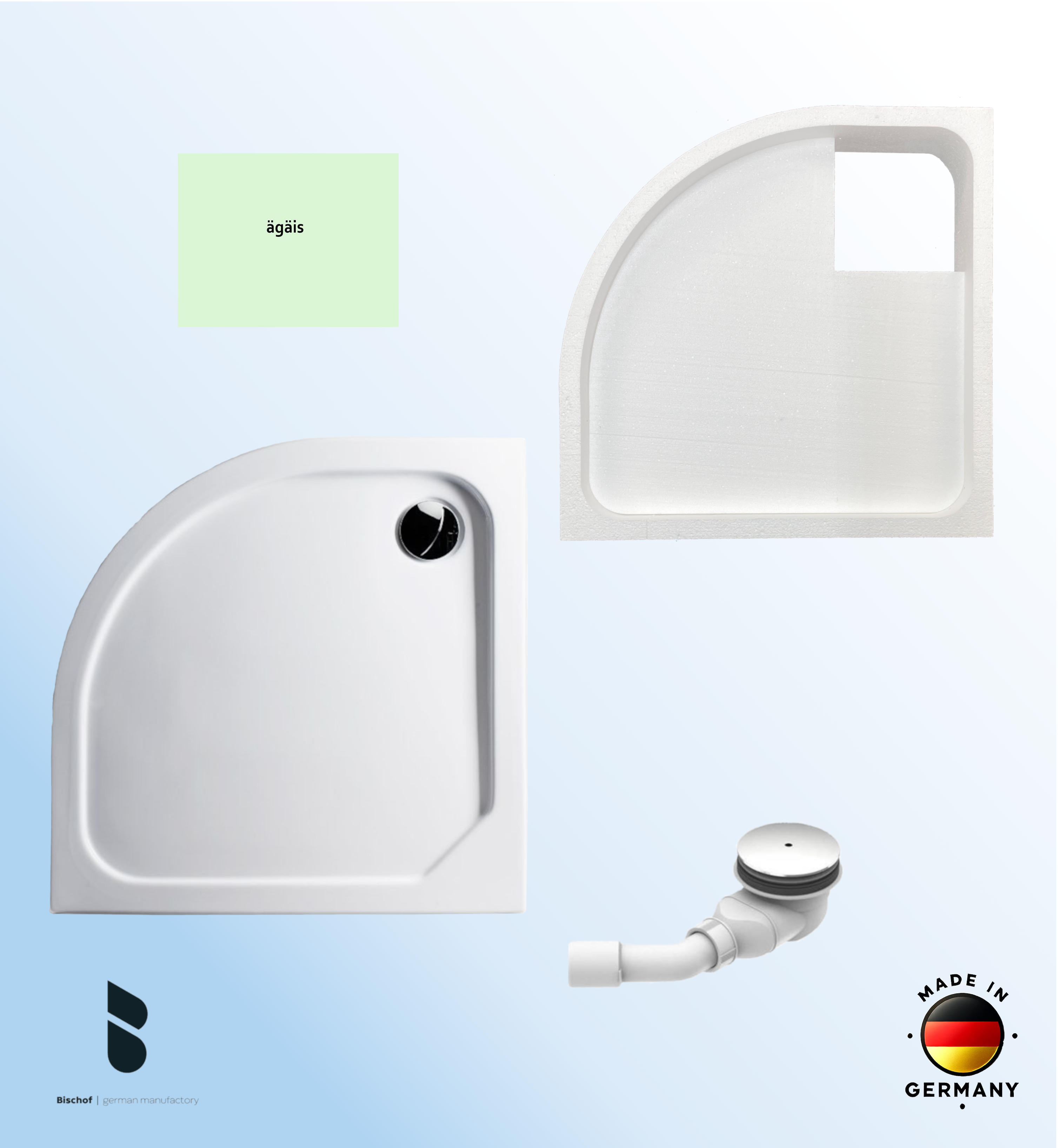 KOMPLETT-PAKET: Duschwanne 100 x 100 cm Viertelkreis Radius 55, Farbe: ÄGÄIS superflach 2,5 cm Acryl + Styroporträger/Wannenträger + Ablaufgarnitur chrom DN 90