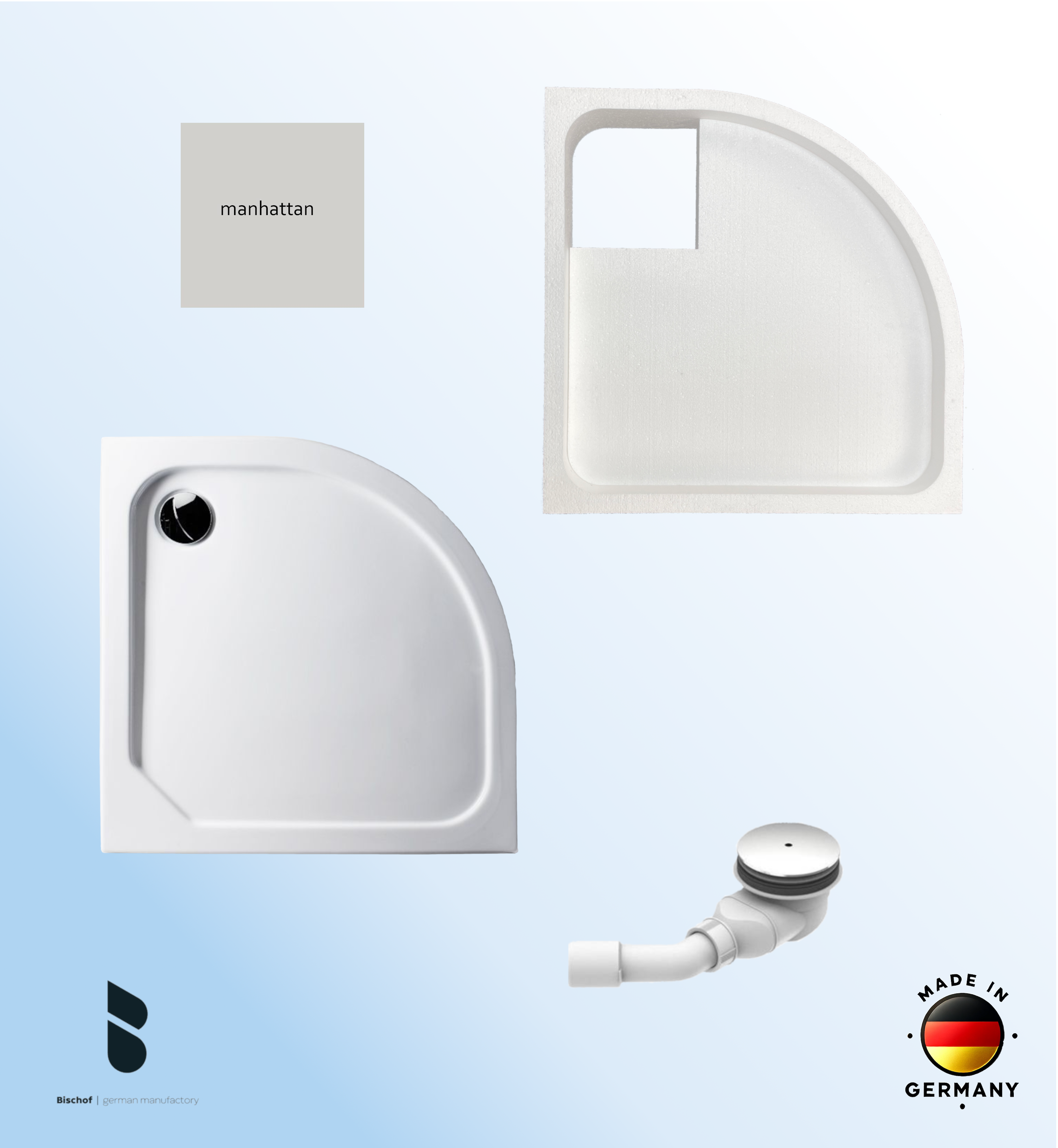 KOMPLETT-PAKET: Duschwanne 90 x 90 cm Viertelkreis Radius 55, Farbe: MANHATTAN superflach 2,5 cm Acryl + Styroporträger/Wannenträger + Ablaufgarnitur chrom DN 90