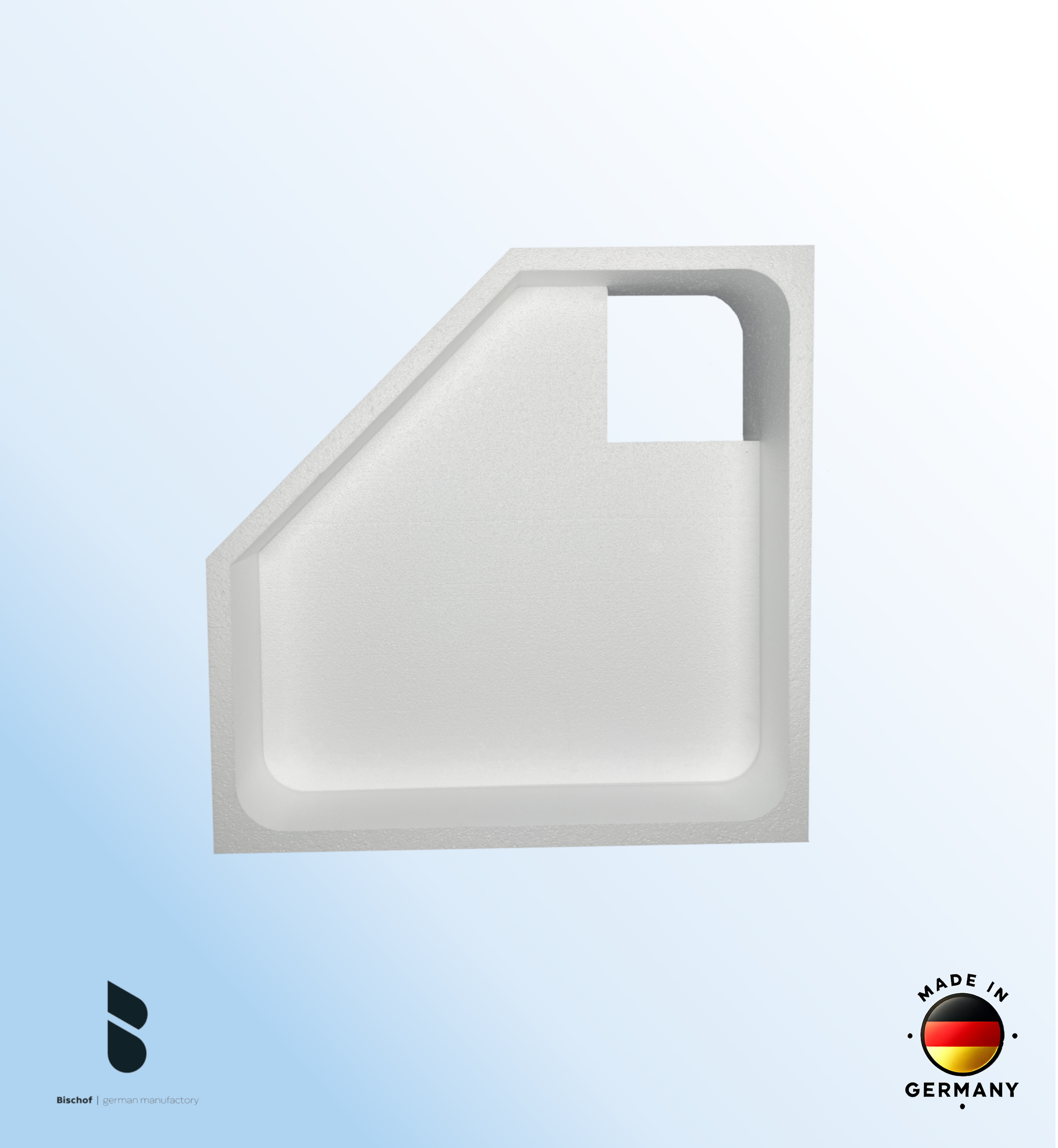 KOMPLETT-PAKET: Duschwanne 90 x 90 cm Fünfeck, flach 6,5 cm weiß Acryl + Styroporträger/Wannenträger + Ablaufgarnitur chrom DN 90