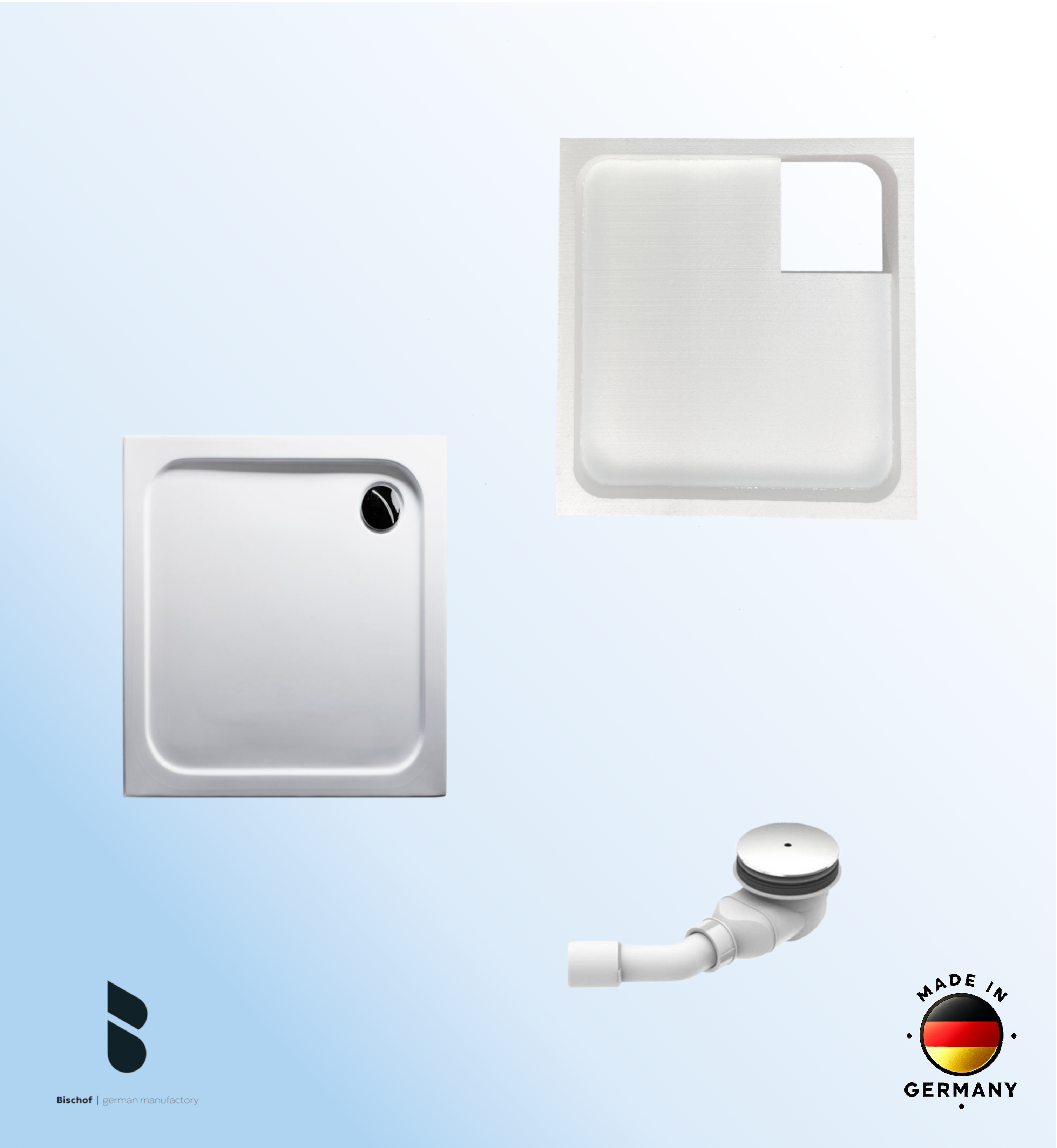 KOMPLETT-PAKET: Duschwanne 90 x 80 cm superflach 2,5 cm weiß Acryl + Styroporträger/Wannenträger + Ablaufgarnitur chrom DN 90 