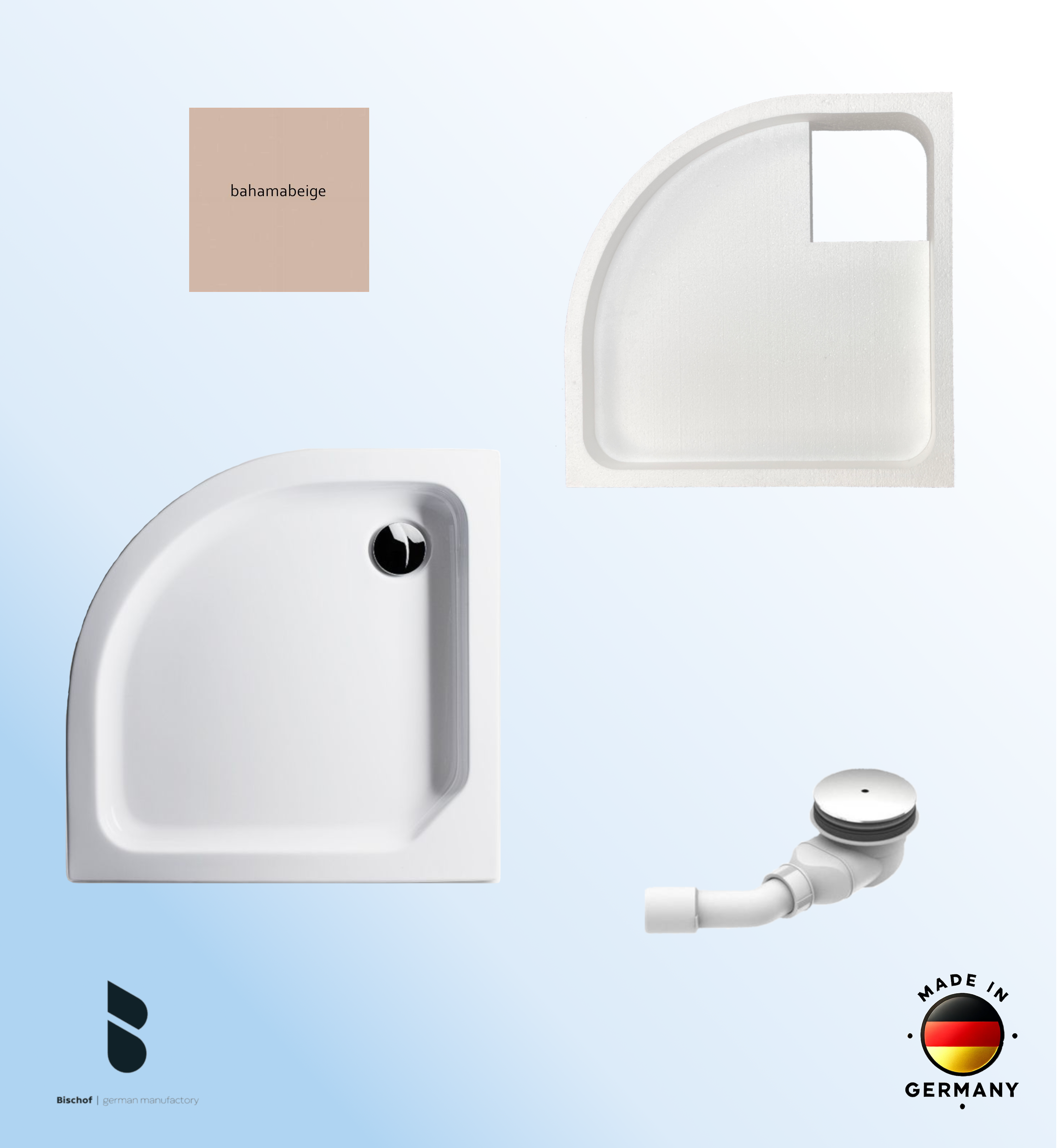 KOMPLETT-PAKET: Duschwanne 80 x 80 cm Viertelkreis Radius 50, Farbe: BAHAMABEIGE flach 6,5 cm Acryl + Styroporträger/Wannenträger + Ablaufgarnitur chrom DN 90