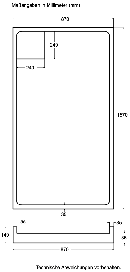 Träger Hamburg 160x90cm weiß, Höhe 14cm links