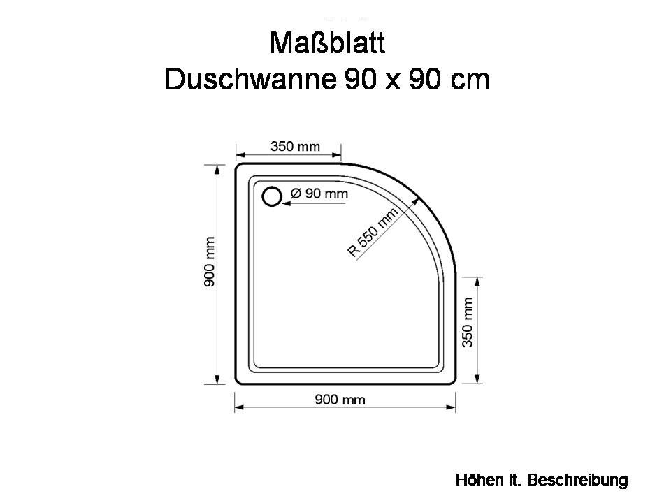 Duschwanne Stuttgart 90x90x2,5cm, Radius 55 weiß