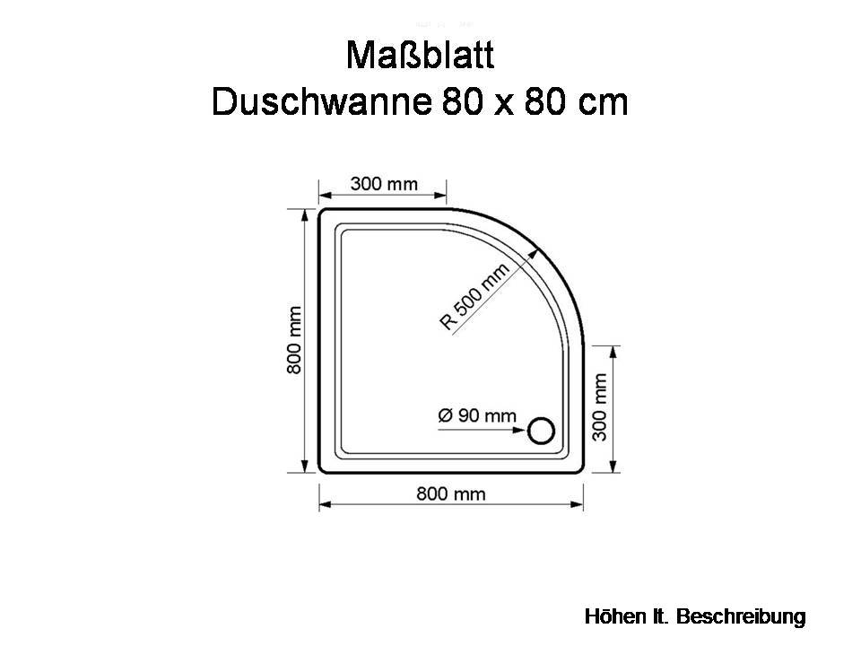 KOMPLETT-PAKET: Duschwanne 80 x 80 cm Viertelkreis Radius 50, flach 6,5 cm weiß Acryl + Styroporträger/Wannenträger + Ablaufgarnitur chrom DN 90