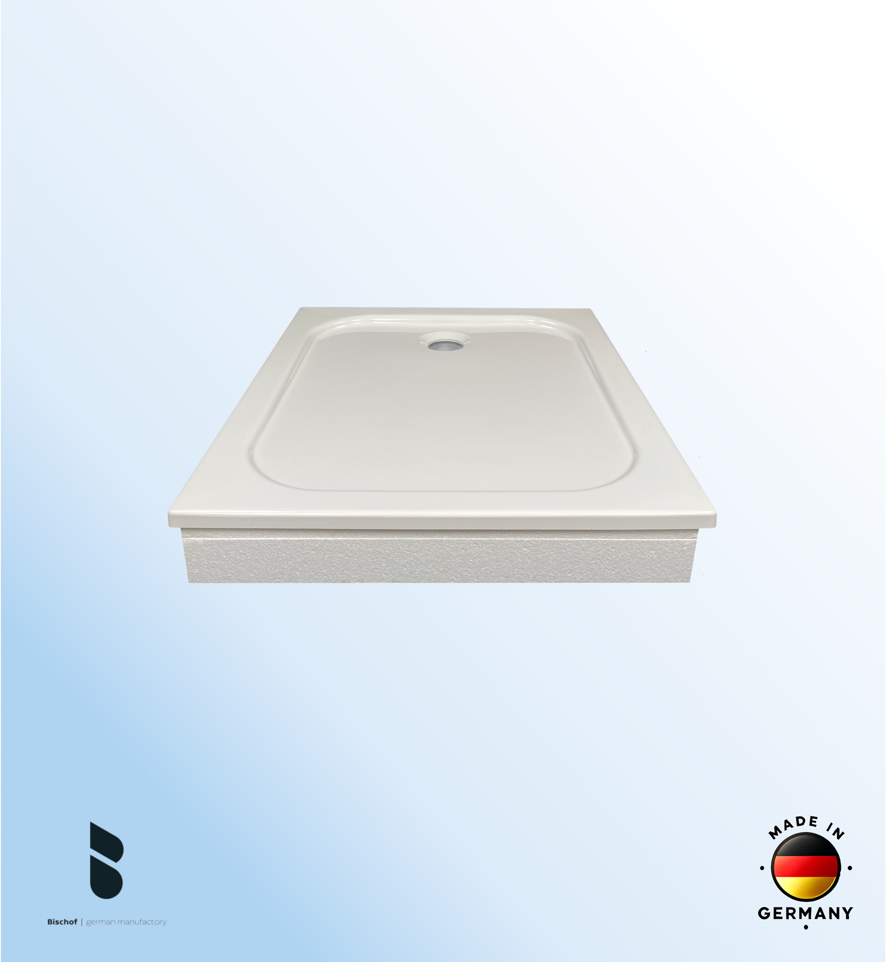 KOMPLETT-PAKET: Duschwanne 90 x 80 cm superflach 2,5 cm weiß Dusche mit GERADER UNTERSEITE Acryl + Styroporträger/Wannenträger + Ablaufgarnitur chrom DN 90