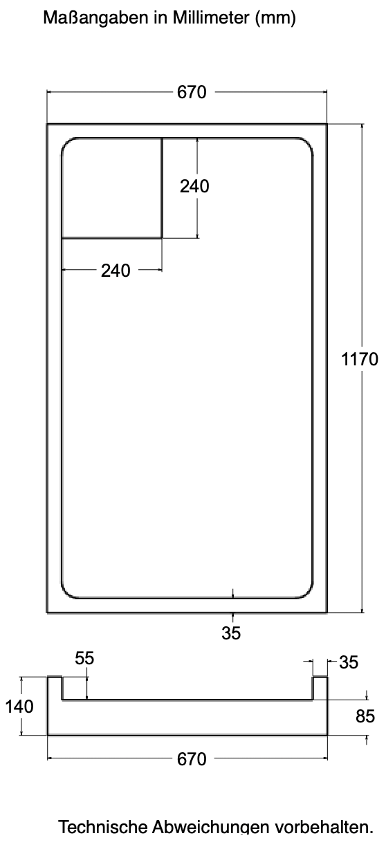 Träger Hamburg 120x70cm weiß, Höhe 14cm links