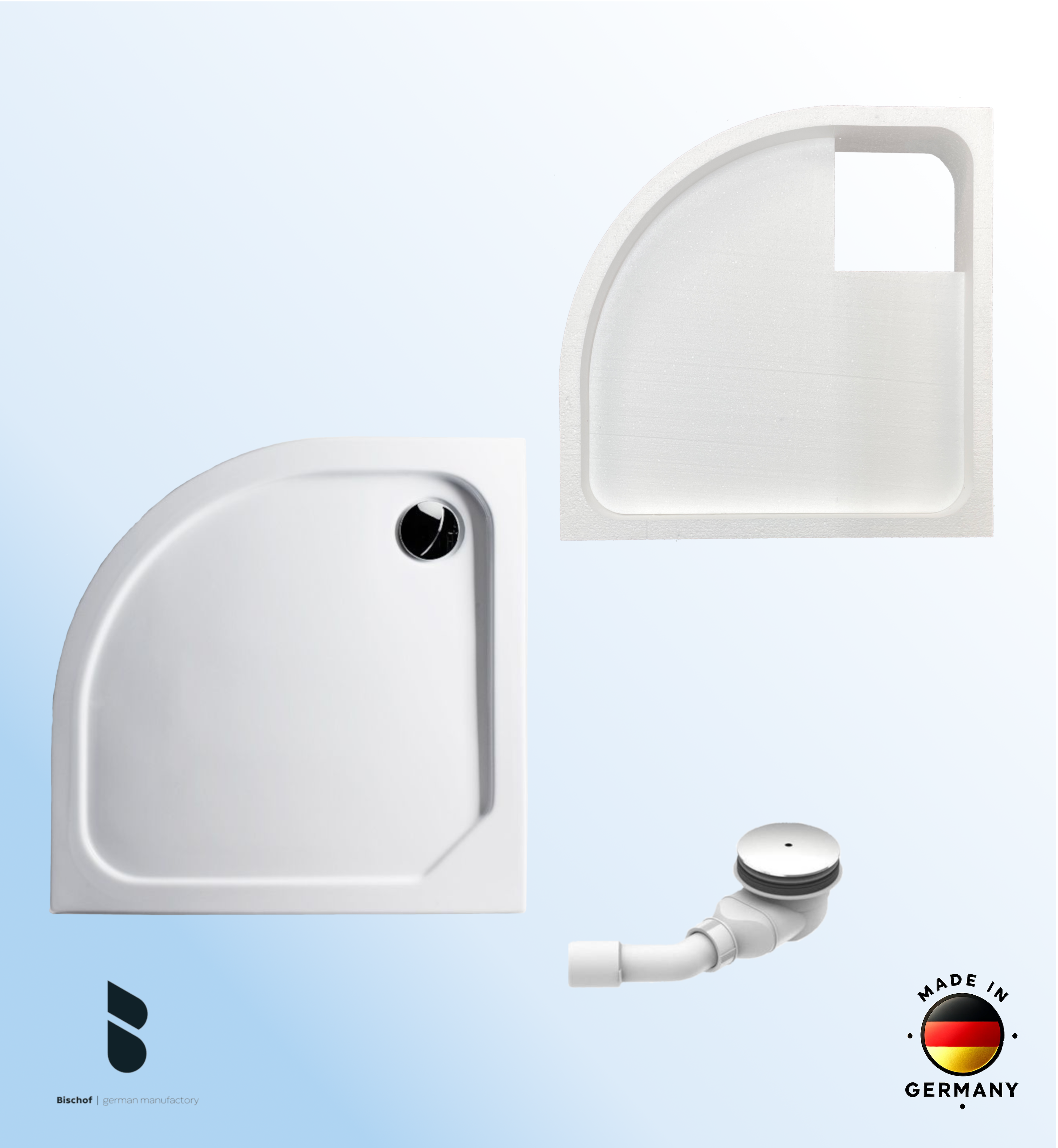 KOMPLETT-PAKET: Duschwanne 100 x 100 cm Viertelkreis Radius 55, superflach 2,5 cm weiß Acryl + Styroporträger/Wannenträger + Ablaufgarnitur chrom DN 90