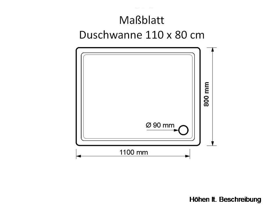 KOMPLETT-PAKET: Duschwanne 110 x 80 cm superflach 2,5 cm weiß Dusche mit GERADER UNTERSEITE Acryl + Styroporträger/Wannenträger + Ablaufgarnitur chrom DN 90