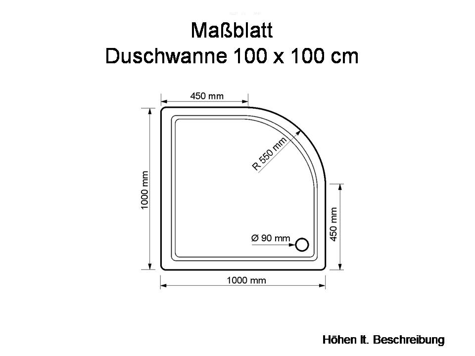Duschwanne Stuttgart 100x100x2,5cm, Radius 55 weiß