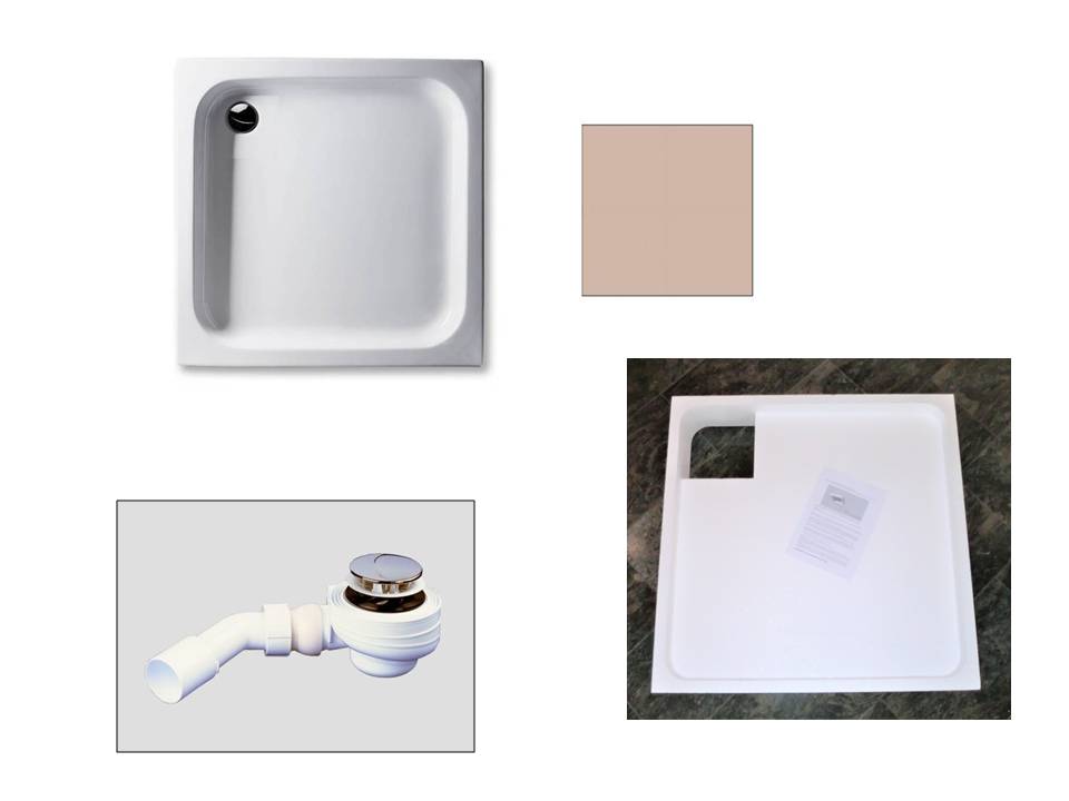 KOMPLETT-PAKET: Duschwanne 90 x 90 cm, Farbe: BAHAMABEIGE 15cm tief, Acryl + Styroporträger/Wannenträger + Ablaufgarnitur chrom DN 52