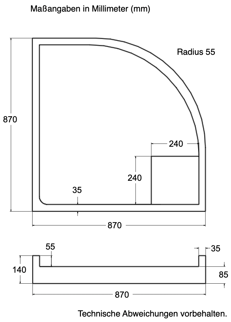 Träger 90x90cm, viertelkreis, weiß, Höhe 14cm links R55