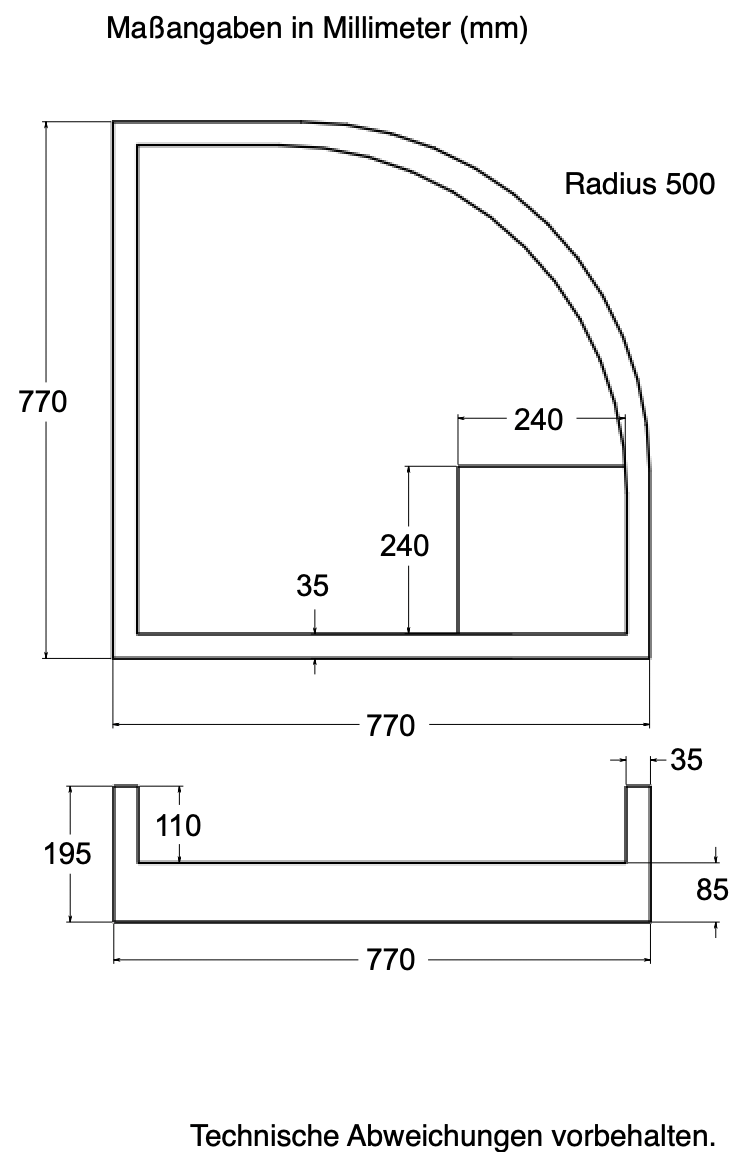 Träger 80x80cm, viertelkreis, weiß, Höhe 19,5cm links R50