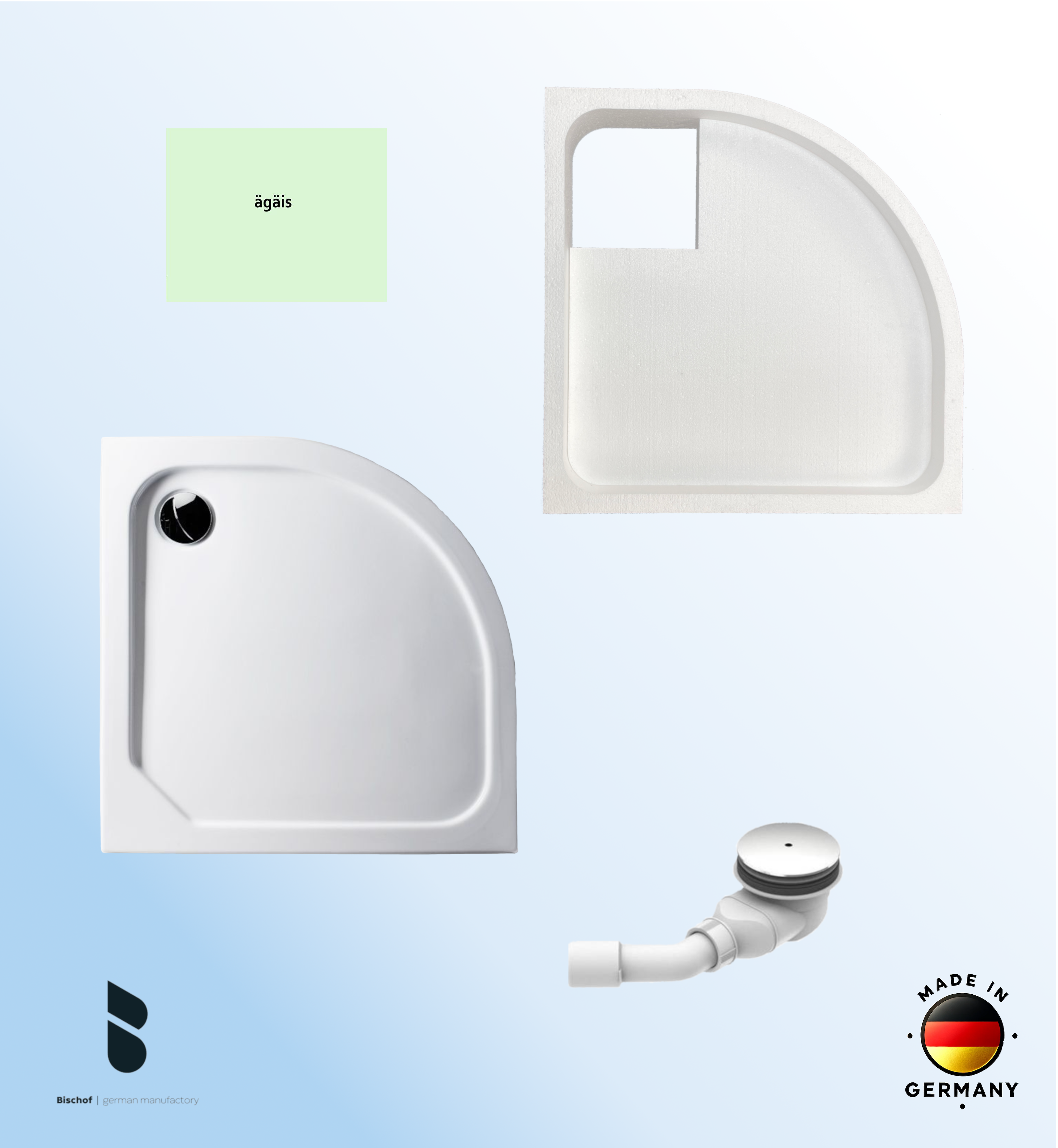 KOMPLETT-PAKET: Duschwanne 90 x 90 cm Viertelkreis Radius 55, Farbe: ÄGÄIS superflach 2,5 cm Acryl + Styroporträger/Wannenträger + Ablaufgarnitur chrom DN 90